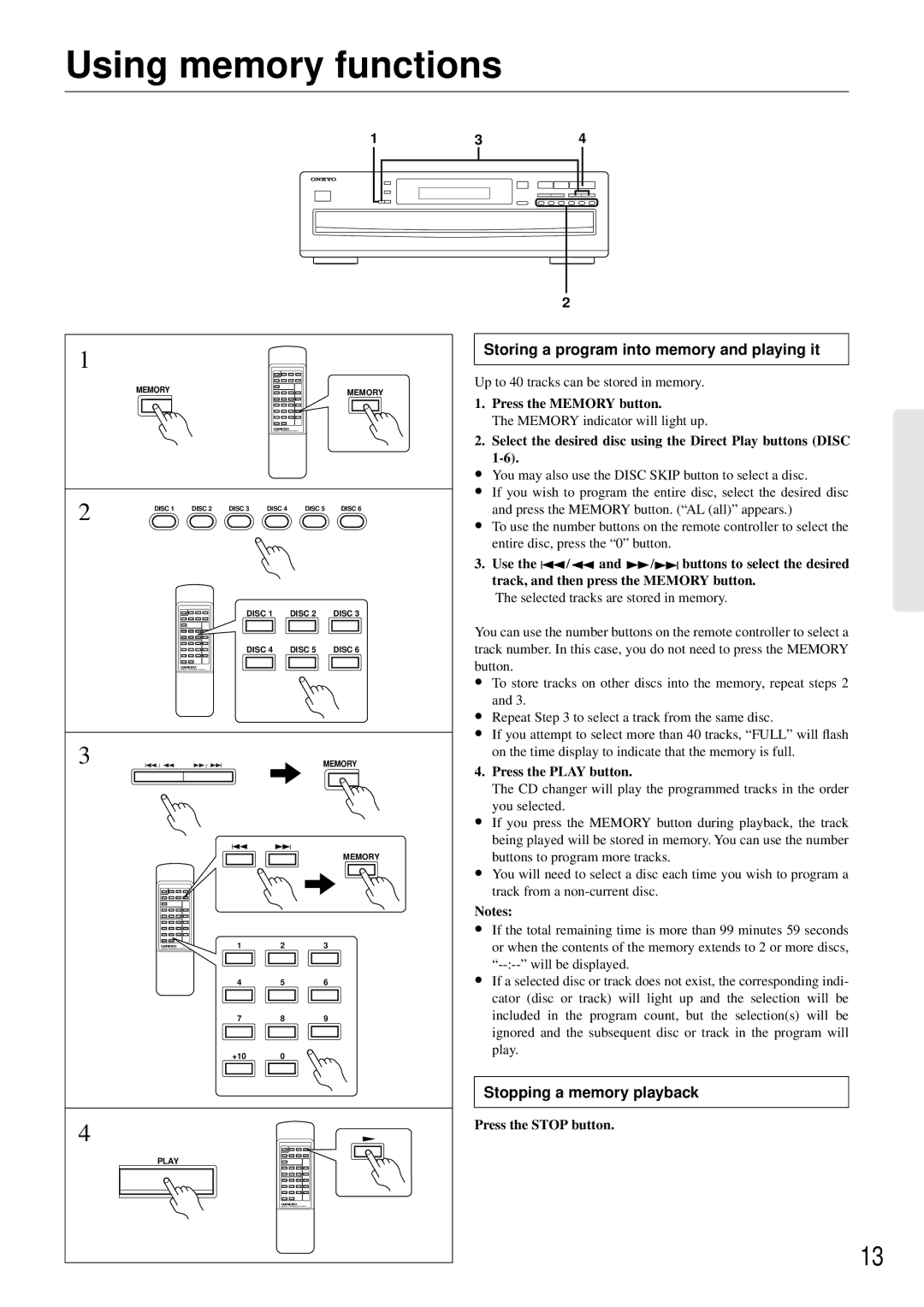 Integra CDC-3.4 appendix Using memory functions, Storing a program into memory and playing it, Stopping a memory playback 