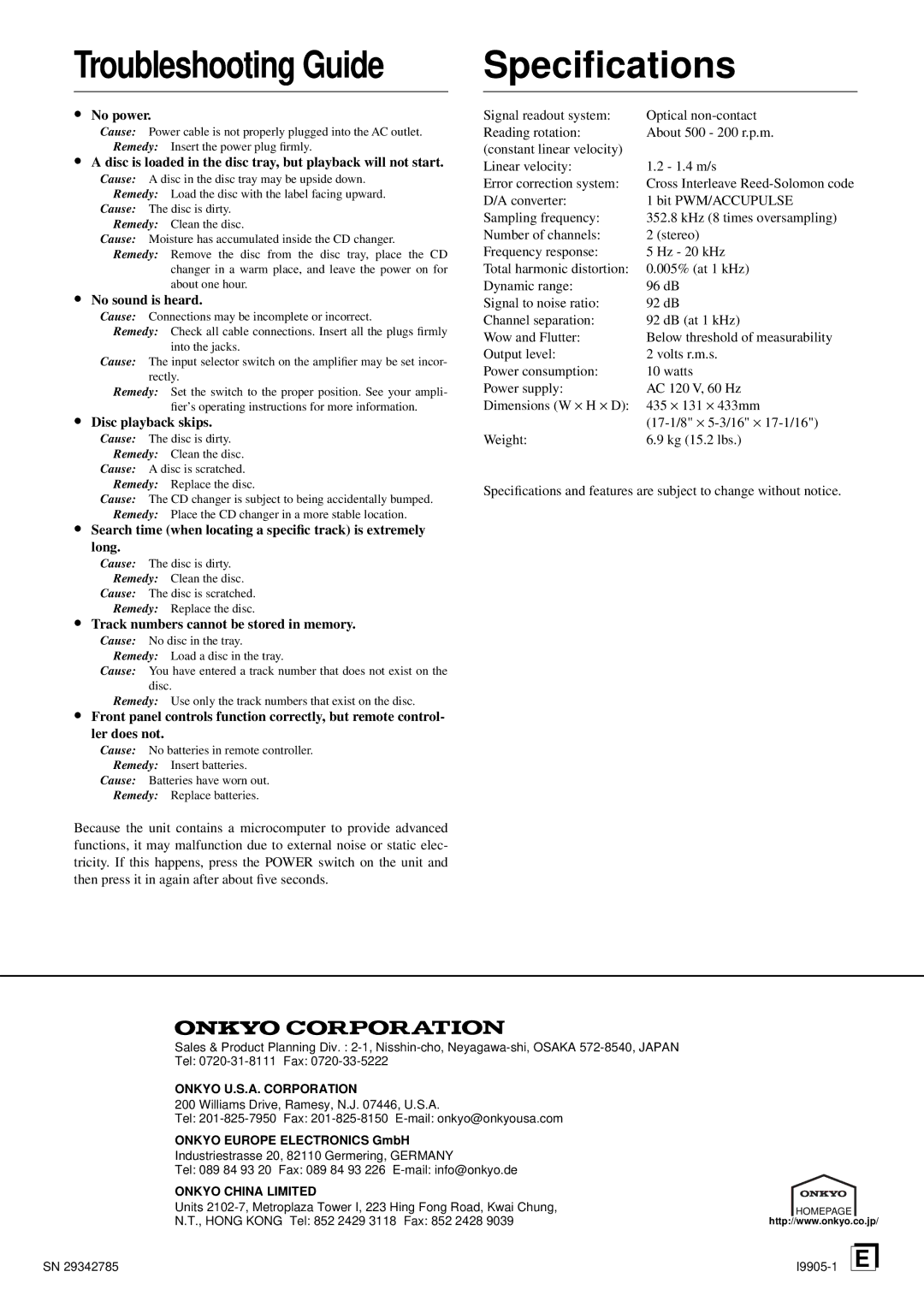 Integra CDC-3.4 appendix Troubleshooting Guide, Speciﬁcations 