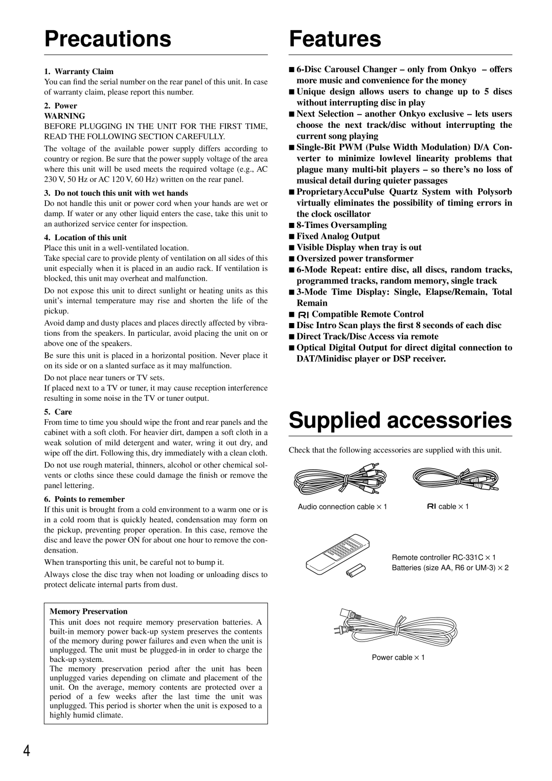 Integra CDC-3.4 appendix Features, Supplied accessories 