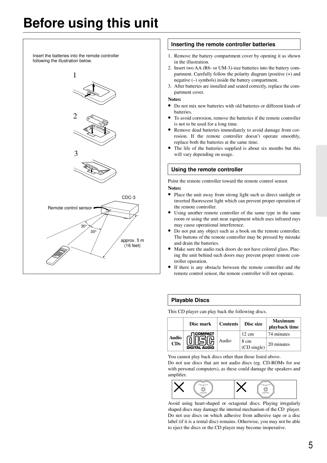 Integra CDC-3.4 Before using this unit, Inserting the remote controller batteries, Using the remote controller, CD single 