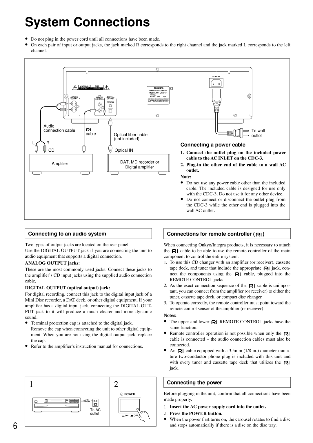 Integra CDC-3.4 appendix System Connections, Connecting a power cable, Connecting to an audio system, Connecting the power 