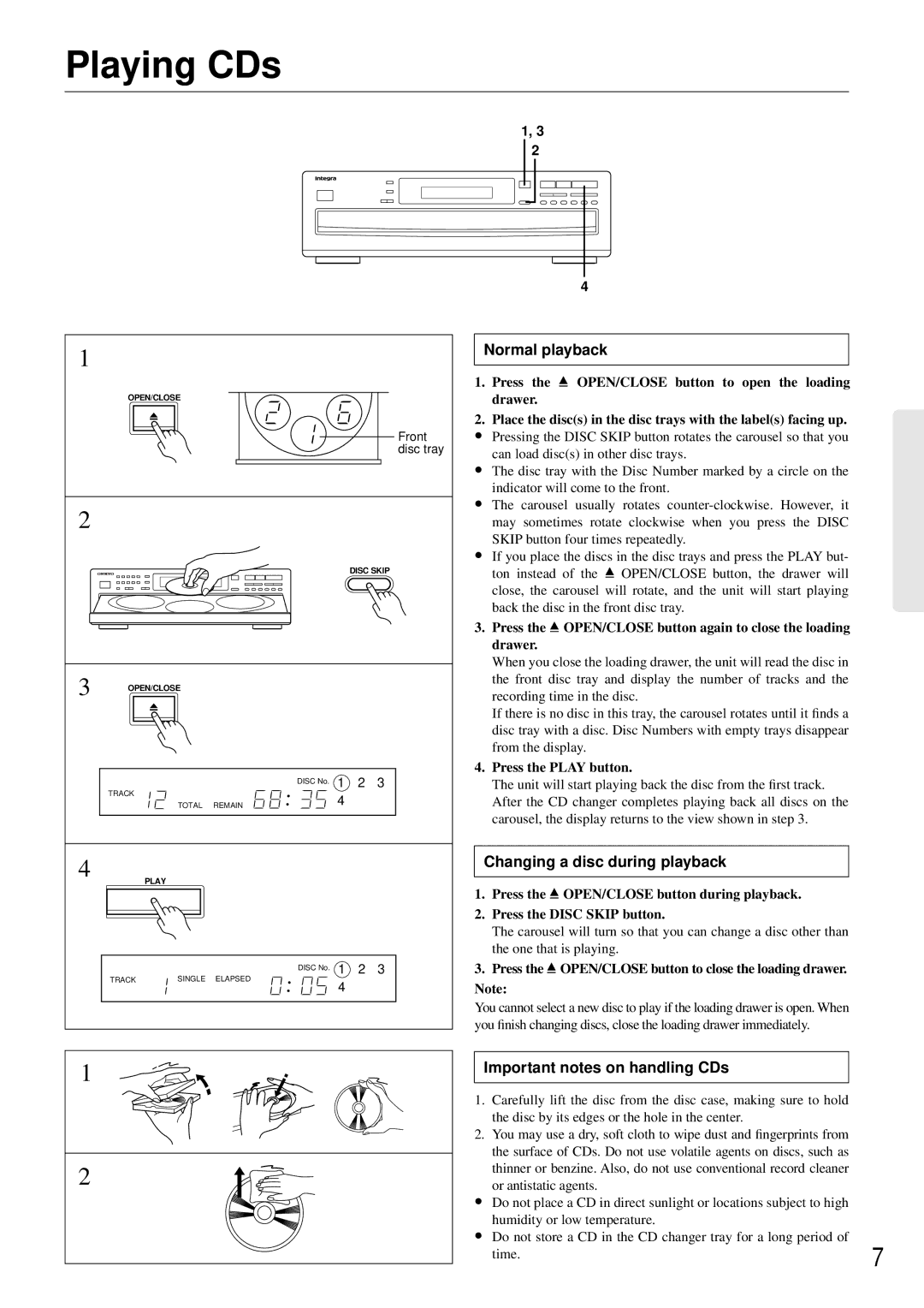 Integra CDC-3.4 appendix Playing CDs, Important notes on handling CDs 