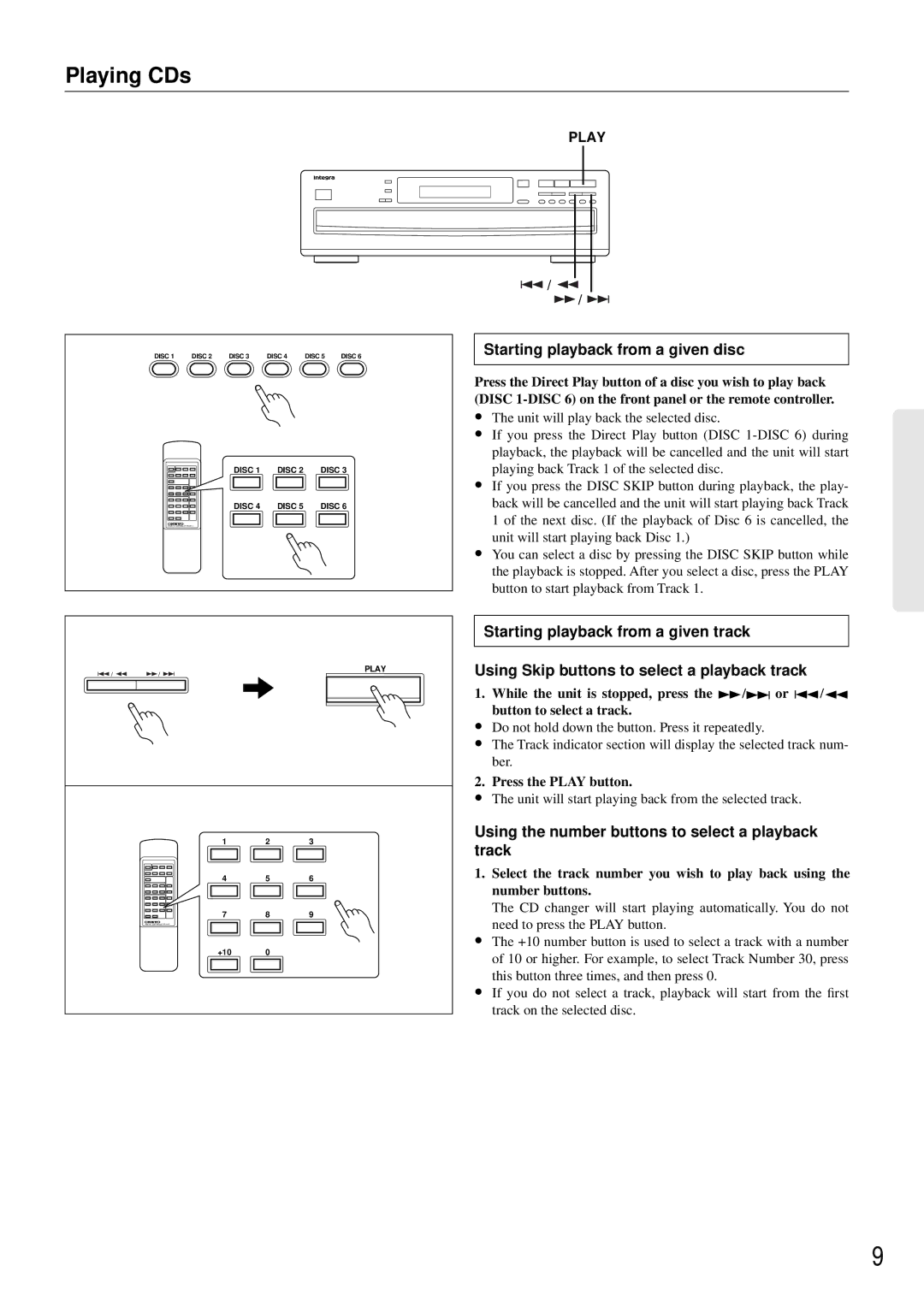 Integra CDC-3.4 appendix Starting playback from a given disc, Using the number buttons to select a playback track 