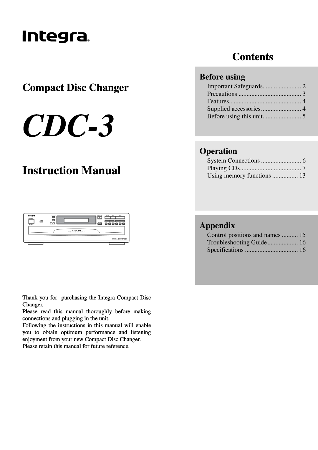 Integra CDC-3.4 appendix Before using, Operation, Appendix, Compact Disc Changer, Contents 