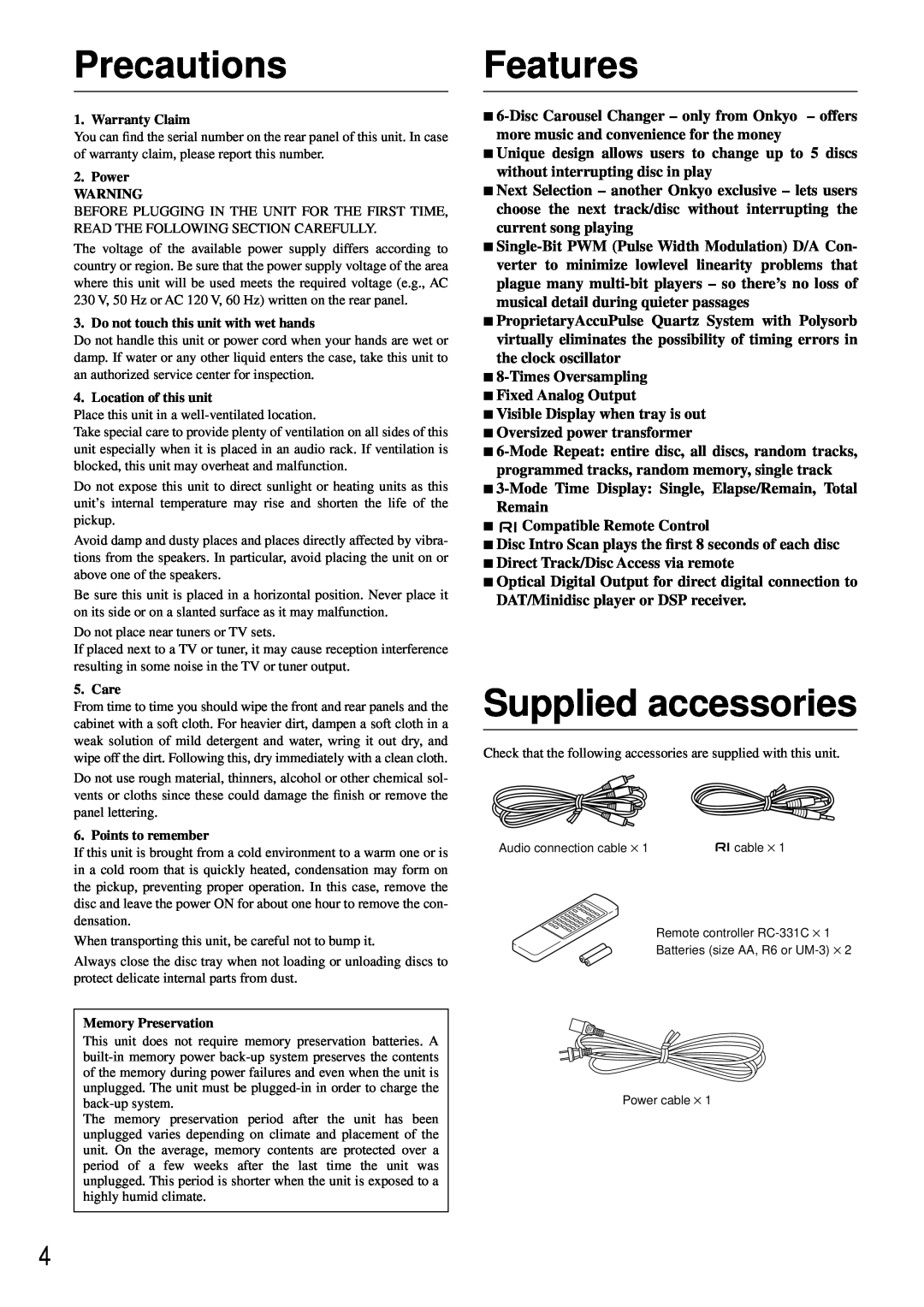 Integra CDC-3.4 appendix Features, Supplied accessories, Precautions 