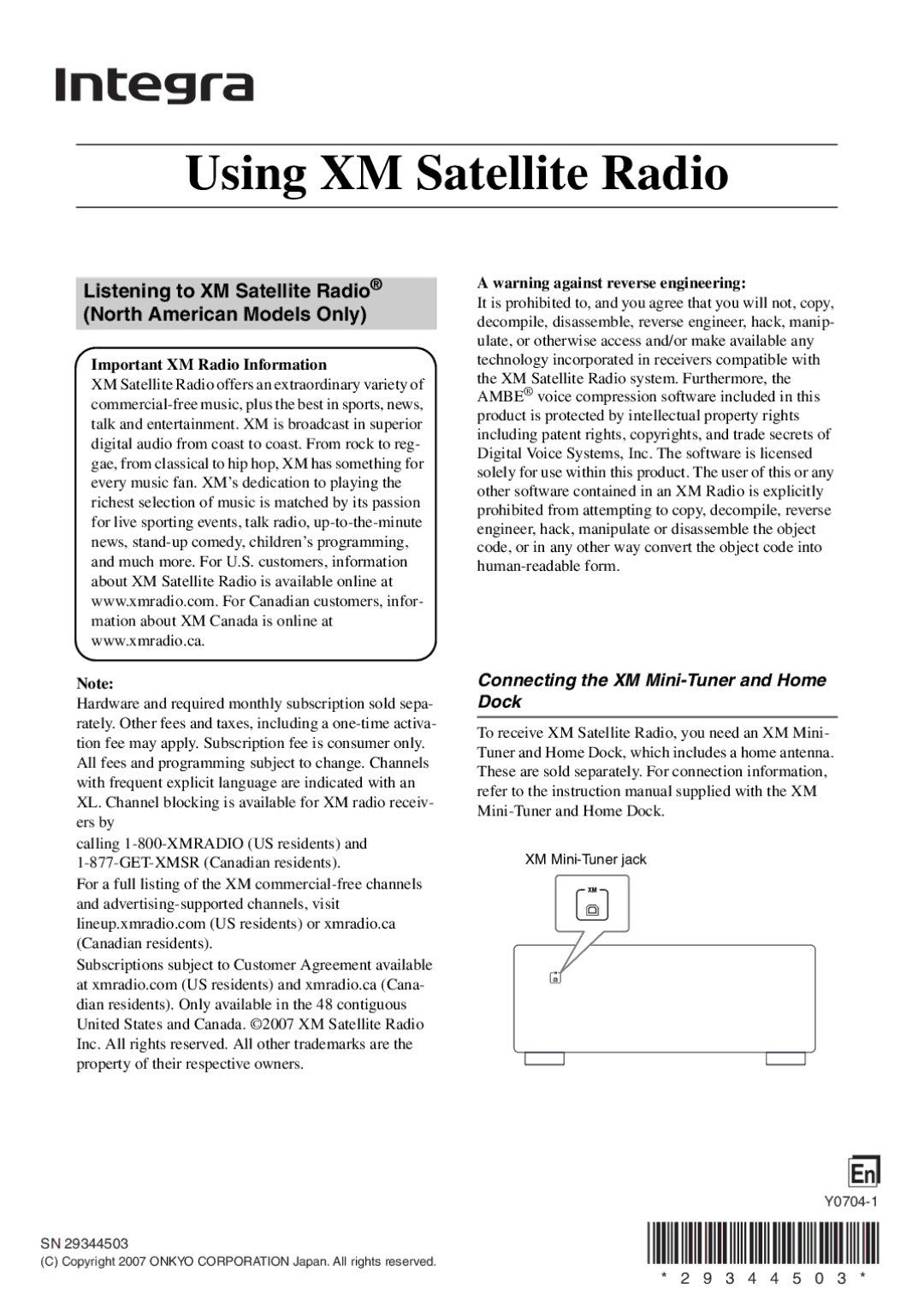 Integra CNP-1000 instruction manual Connecting the XM Mini-Tuner and Home Dock, Important XM Radio Information 