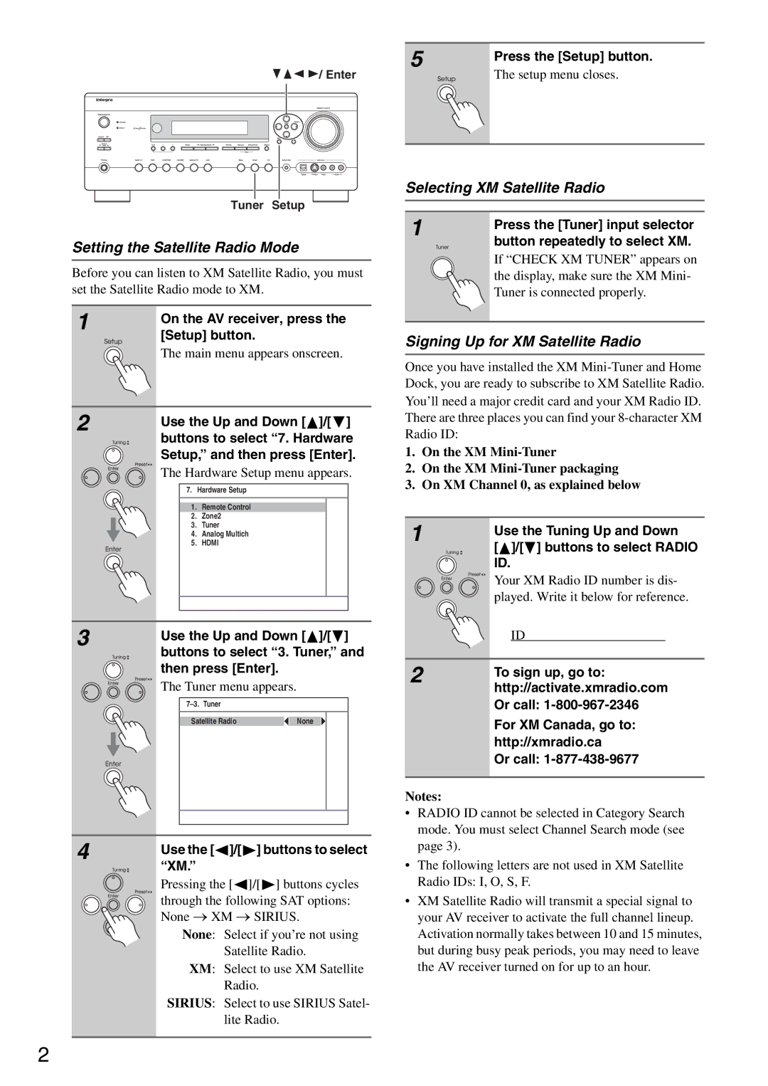 Integra CNP-1000 Setting the Satellite Radio Mode, Selecting XM Satellite Radio, Signing Up for XM Satellite Radio 