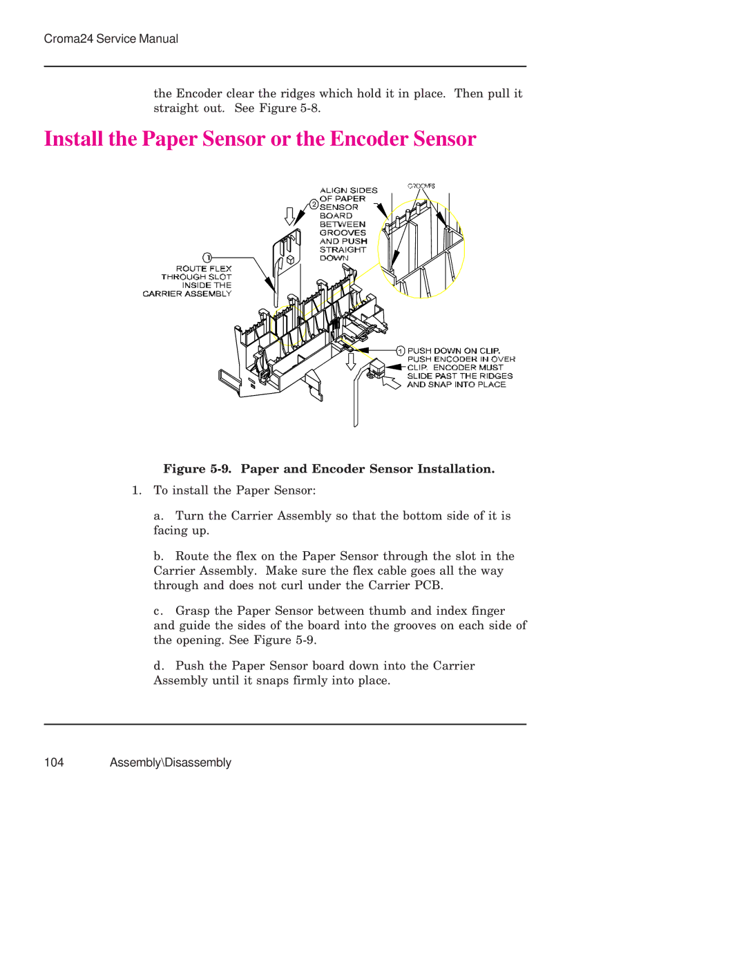 Integra CROMA24 service manual Install the Paper Sensor or the Encoder Sensor, Paper and Encoder Sensor Installation 