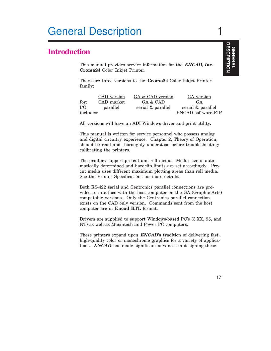 Integra CROMA24 service manual General Description, Introduction 