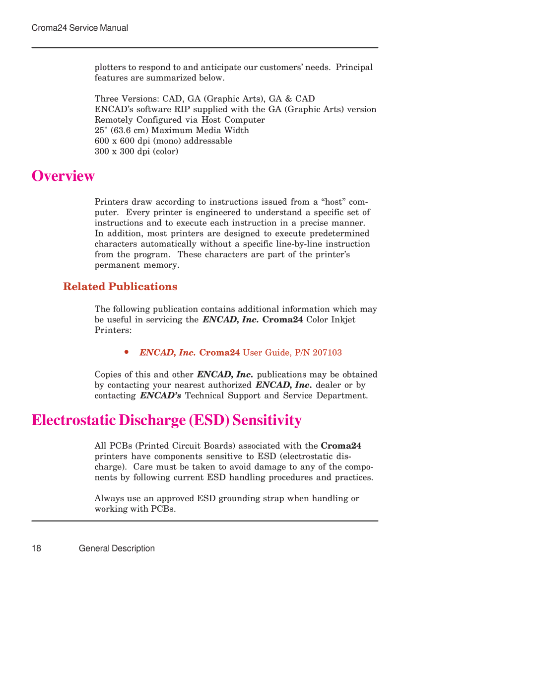 Integra CROMA24 service manual Overview, Electrostatic Discharge ESD Sensitivity 