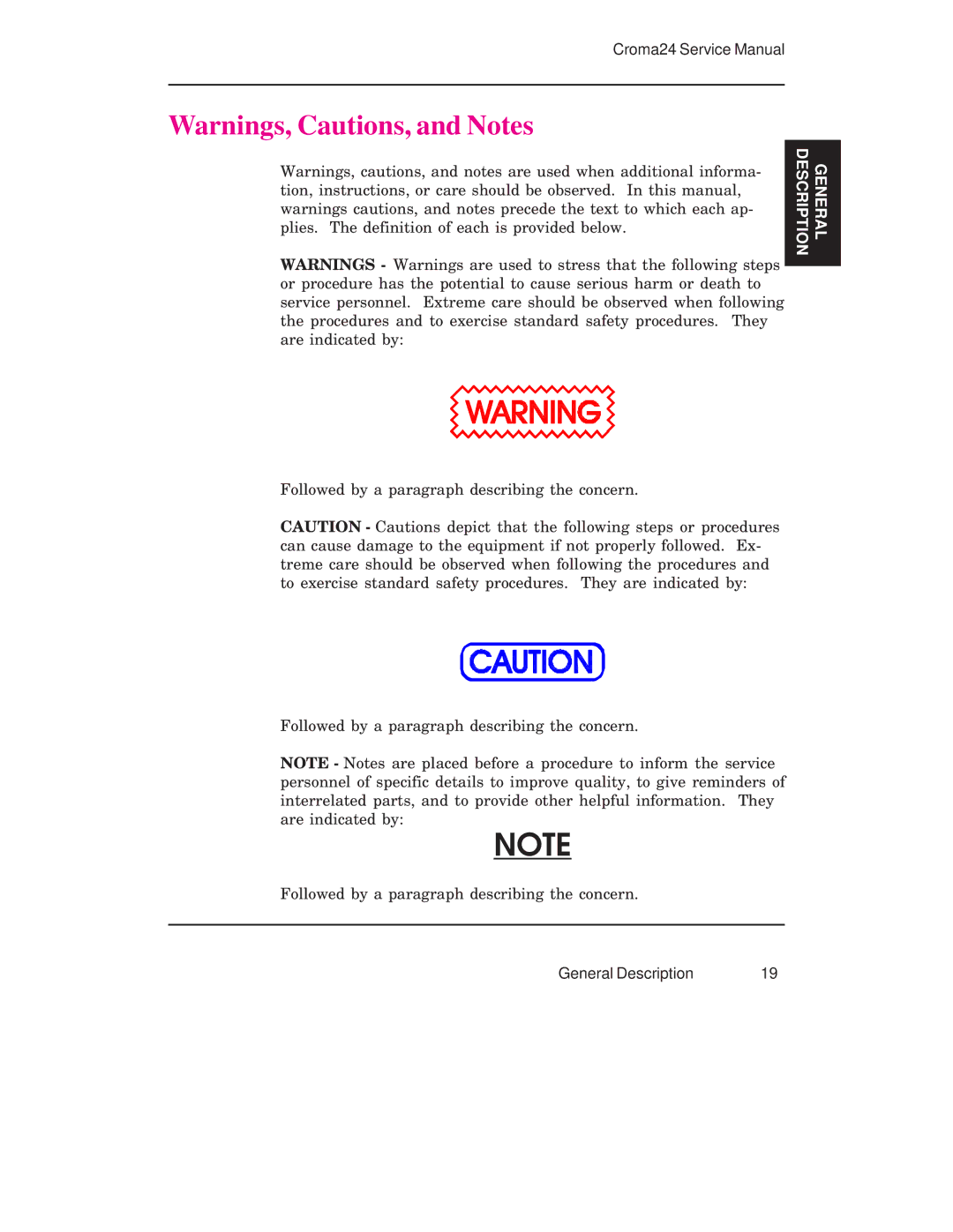 Integra CROMA24 service manual Followed by a paragraph describing the concern 