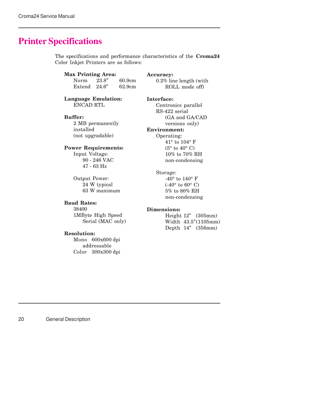 Integra CROMA24 service manual Printer Specifications 