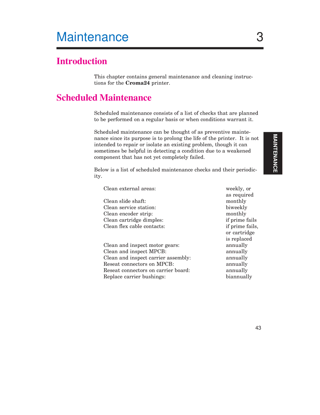 Integra CROMA24 service manual Maintenance3, Scheduled Maintenance 