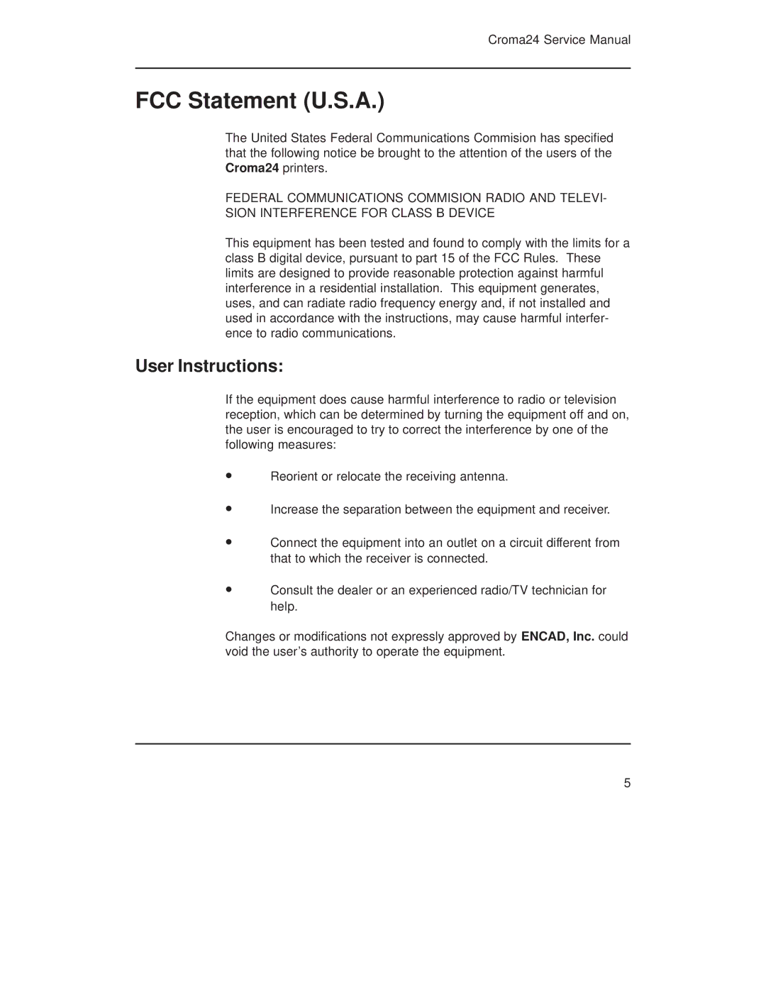 Integra CROMA24 service manual FCC Statement U.S.A 