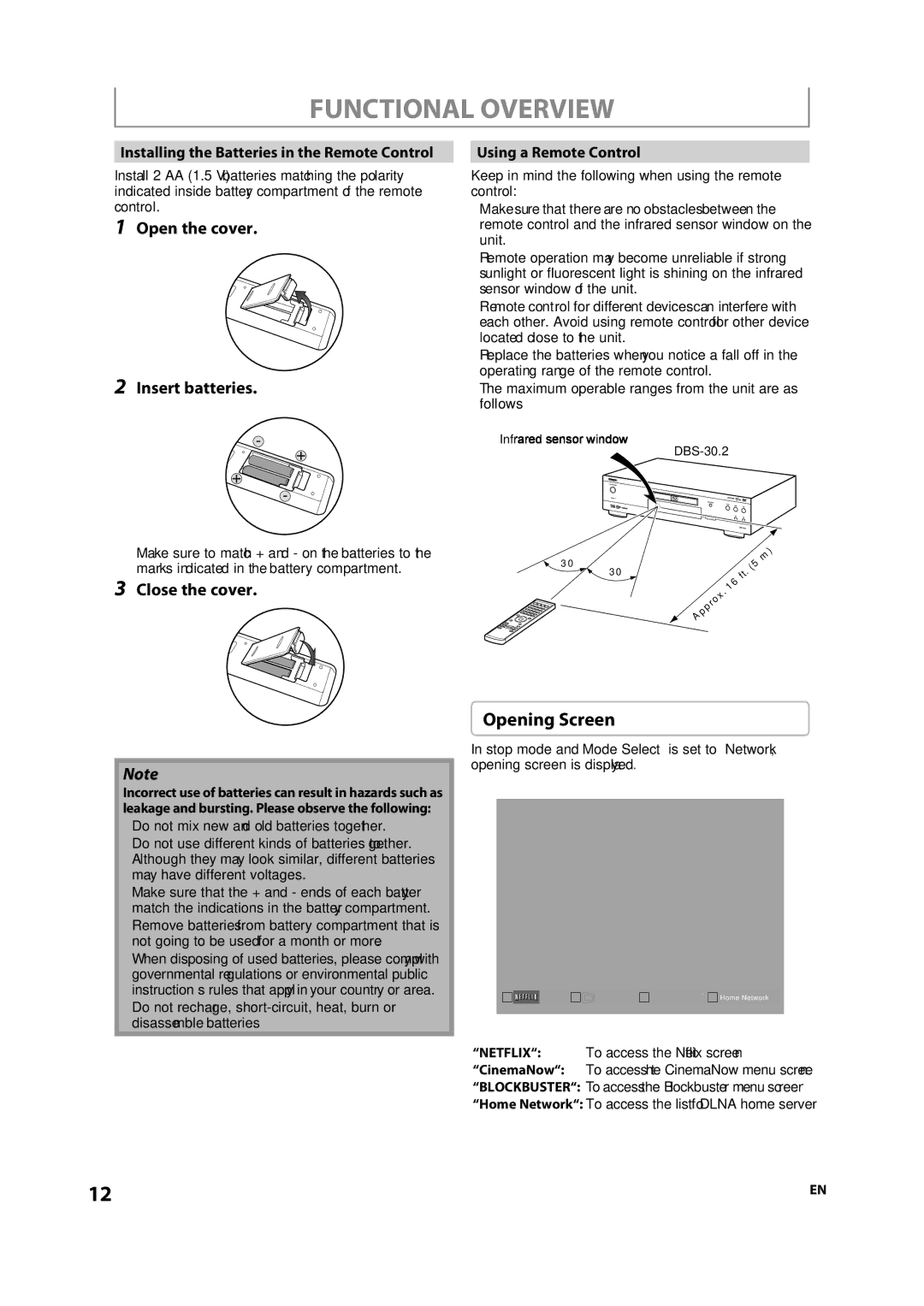 Integra DBS-30.2, E5SF1UD manual Opening Screen, Open the cover Insert batteries, Close the cover, Using a Remote Control 