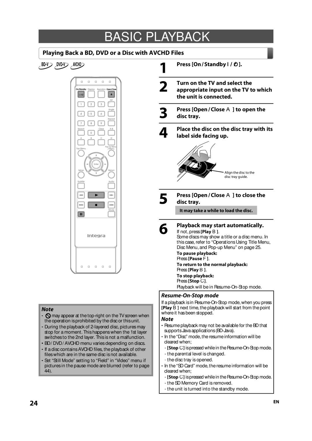 Integra DBS-30.2, E5SF1UD, 1VMN29753 Basic Playback, Playing Back a BD, DVD or a Disc with Avchd Files, Press On / Standby 