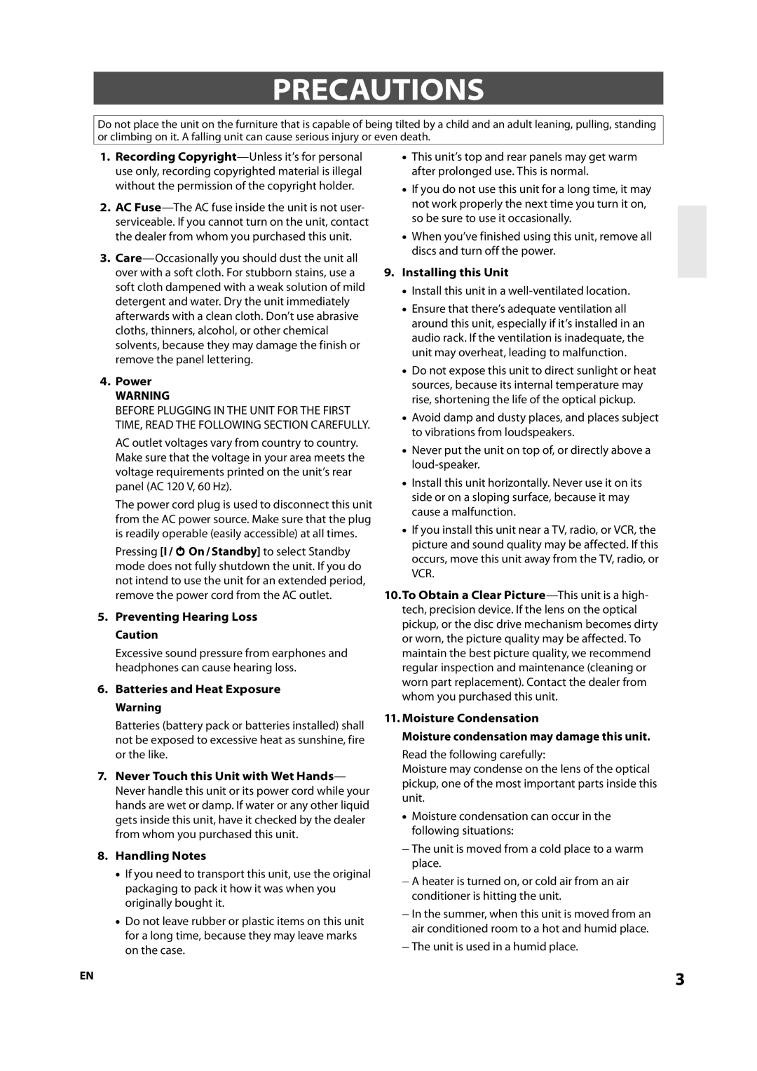 Integra DBS-30.2, E5SF1UD, 1VMN29753 manual Precautions 