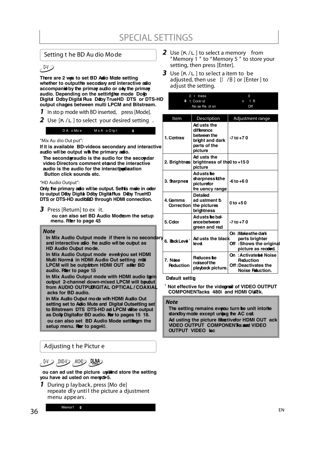 Integra DBS-30.2, E5SF1UD manual Special Settings, Setting the BD Audio Mode, Adjusting the Picture, Press Return to exit 