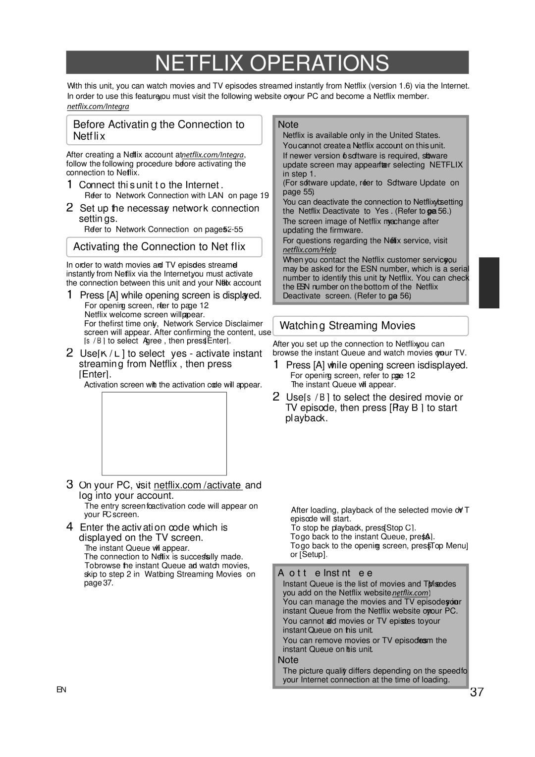 Integra E5SF1UD, DBS-30.2 manual Netflix Operations, Before Activating the Connection to Netflix, Watching Streaming Movies 