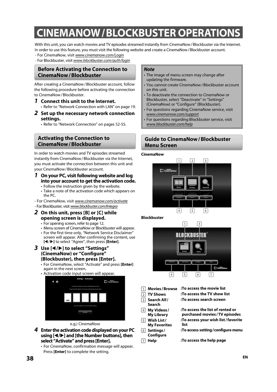 Integra 1VMN29753, DBS-30.2, E5SF1UD manual Before Activating the Connection to CinemaNow / Blockbuster 