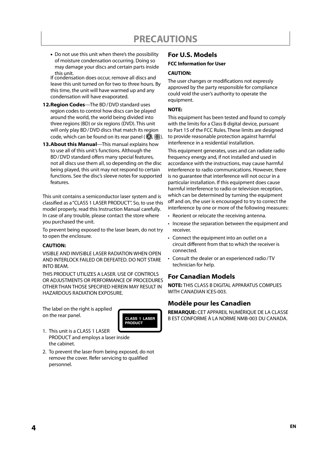 Integra E5SF1UD Precautions, For U.S. Models, For Canadian Models, Modèle pour les Canadien, FCC Information for User 