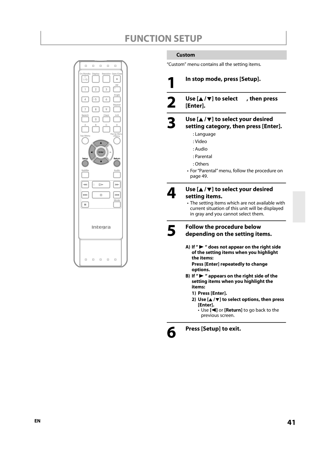 Integra 1VMN29753 manual Function Setup, Use K/ L to select your desired Setting items, Setting category, then press Enter 