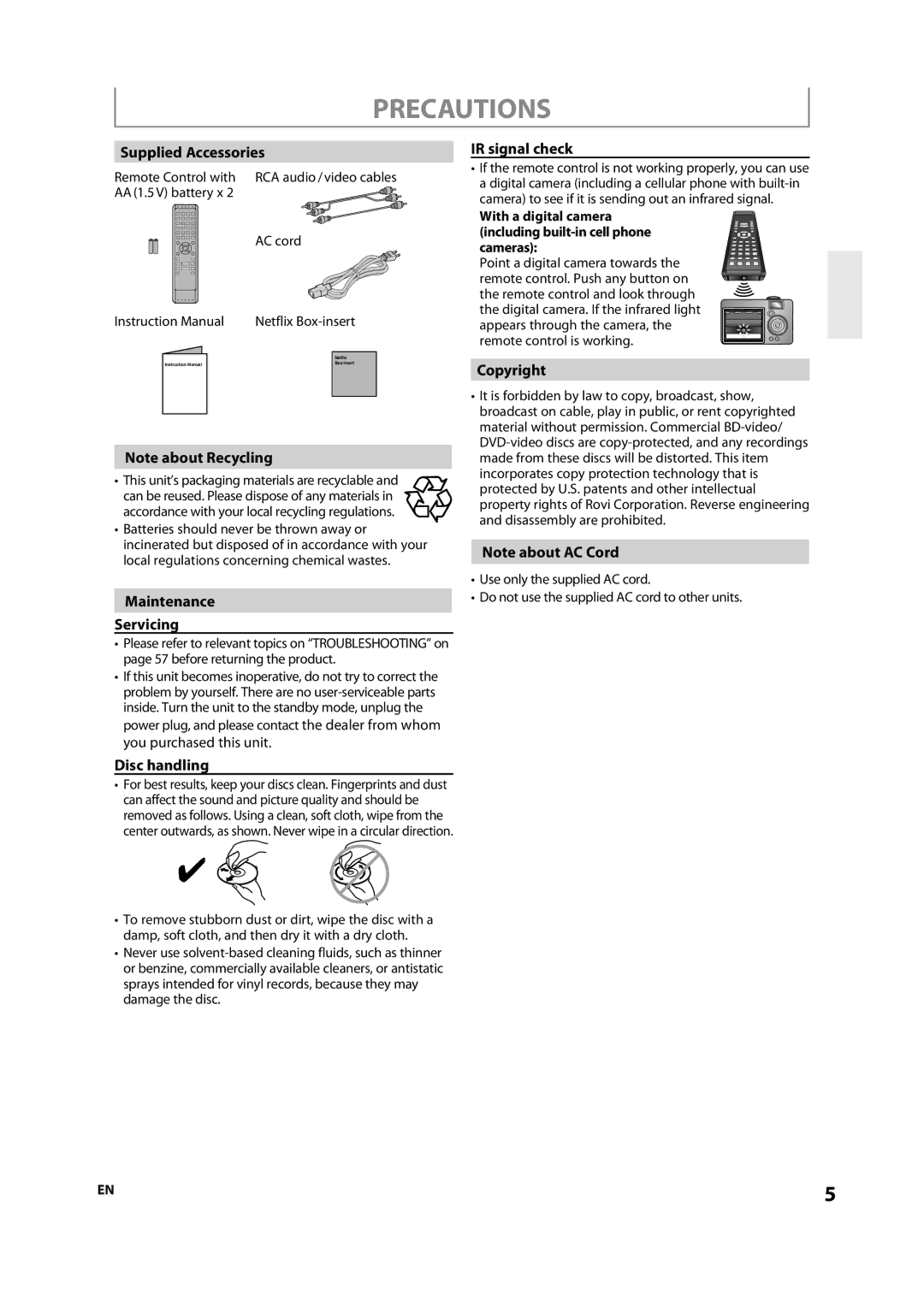 Integra 1VMN29753, DBS-30.2, E5SF1UD Supplied Accessories, Maintenance Servicing, Disc handling, IR signal check, Copyright 