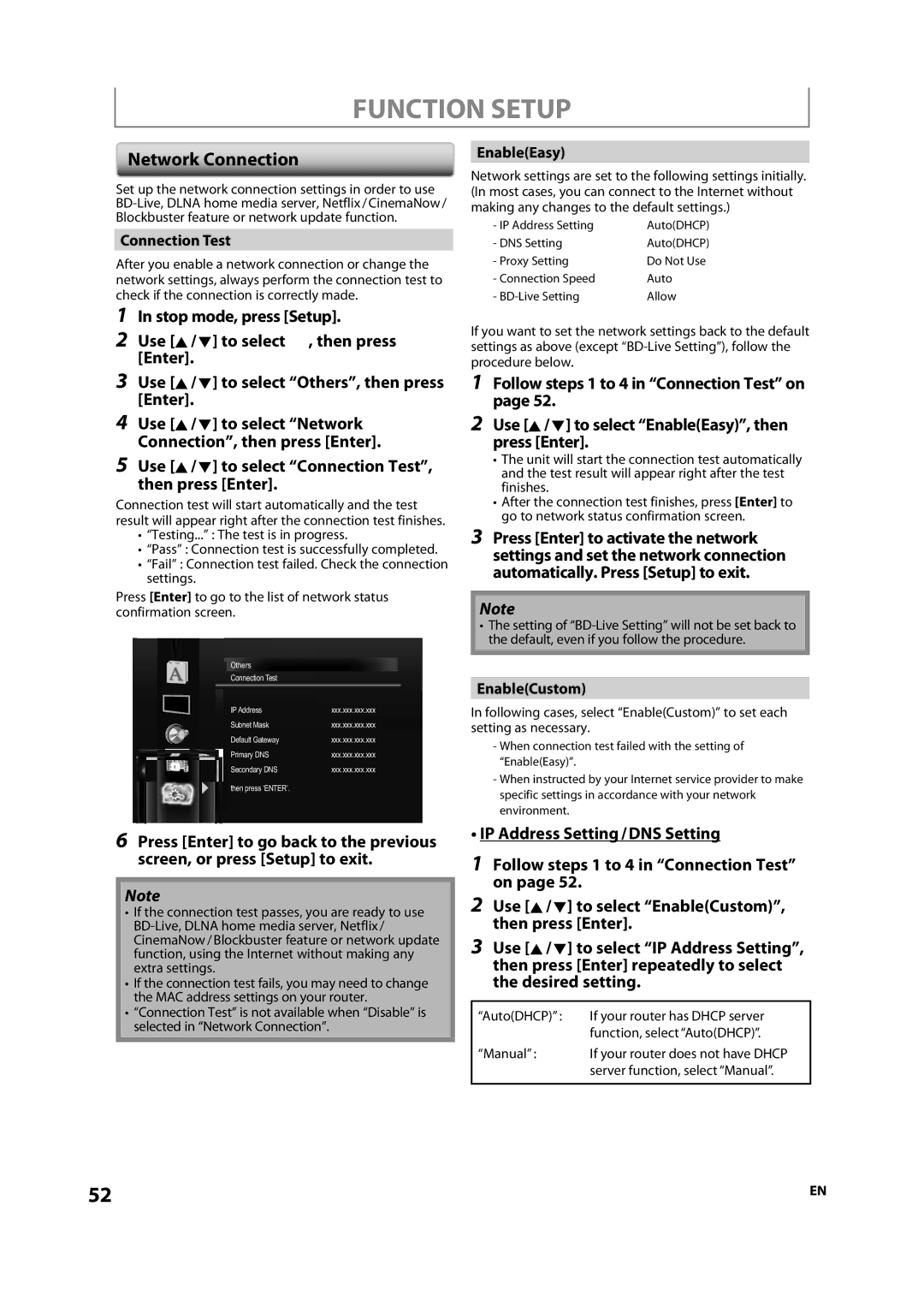 Integra E5SF1UD, DBS-30.2, 1VMN29753 manual Network Connection, Connection Test, EnableEasy, EnableCustom 