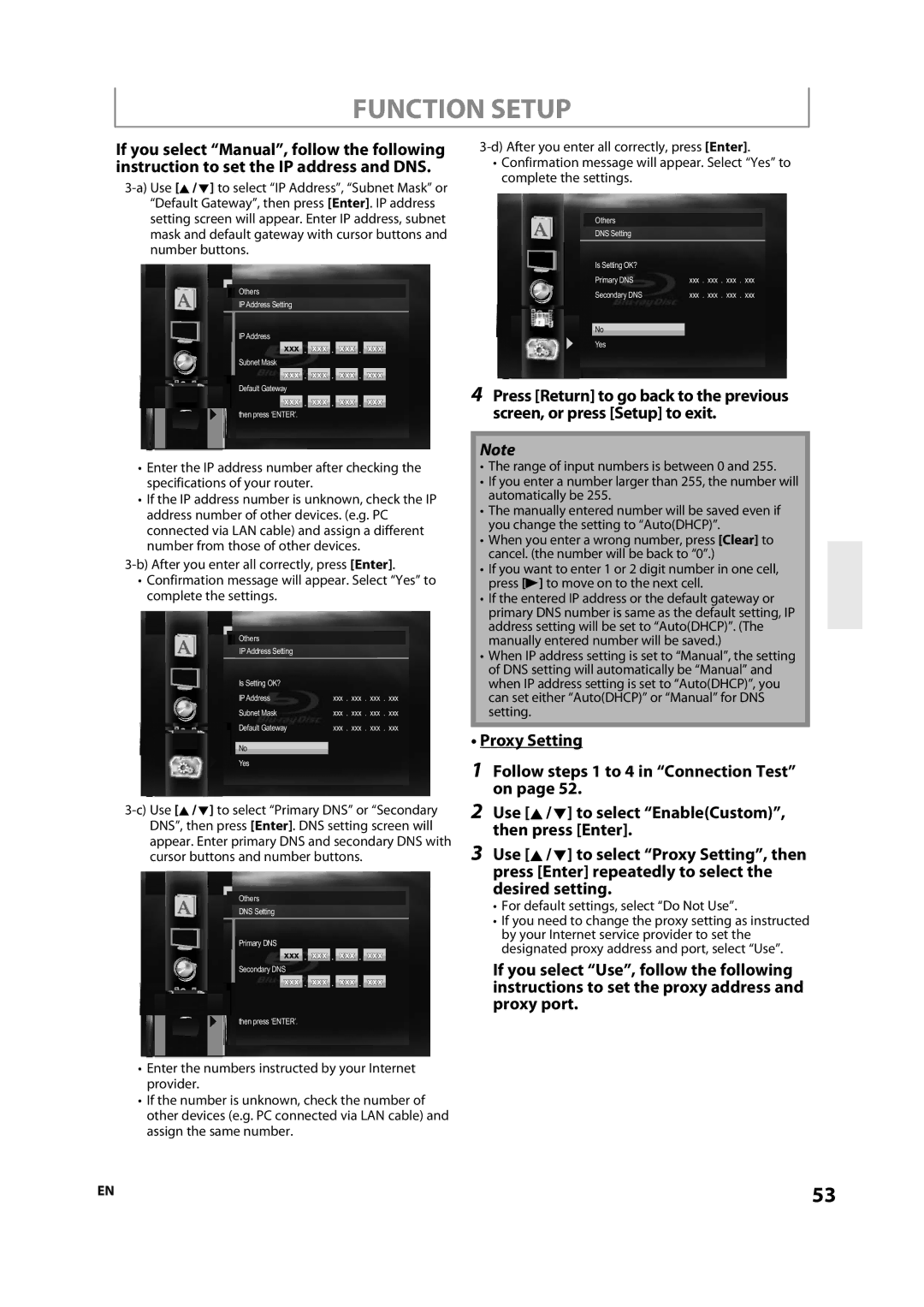 Integra 1VMN29753 manual Proxy Setting Follow steps 1 to 4 in Connection Test on, For default settings, select Do Not Use 