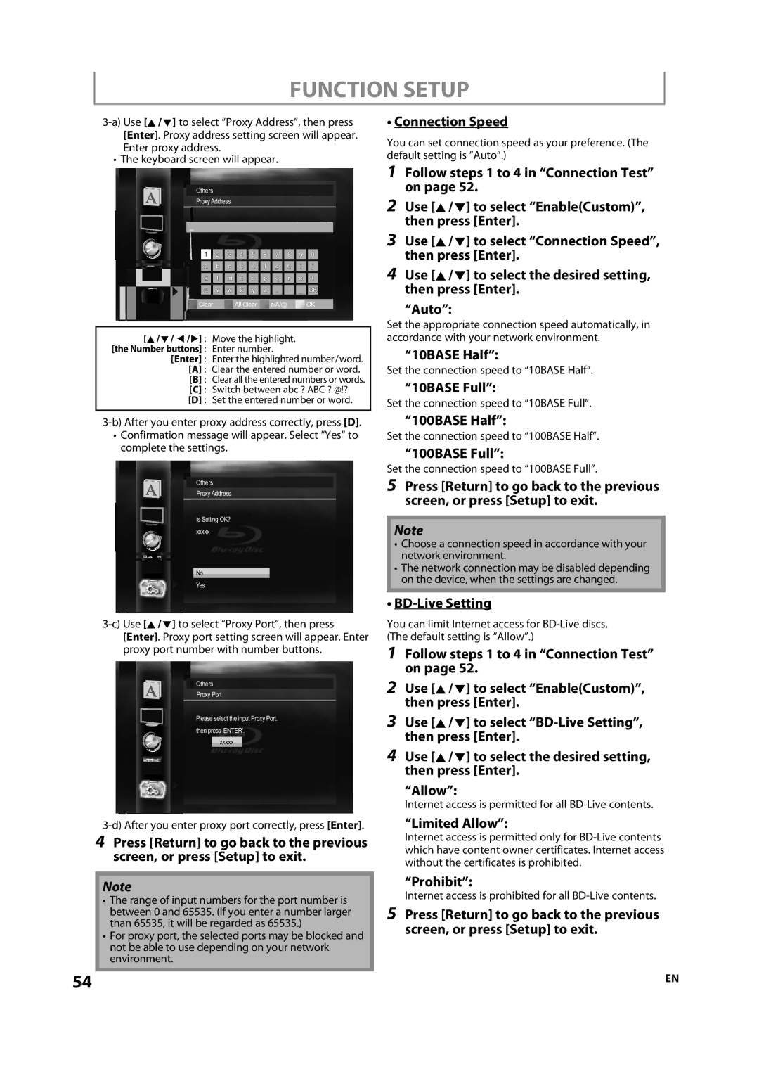 Integra DBS-30.2 Connection Speed, 10BASE Half, 10BASE Full, 100BASE Half, 100BASE Full, BD-Live Setting, Limited Allow 