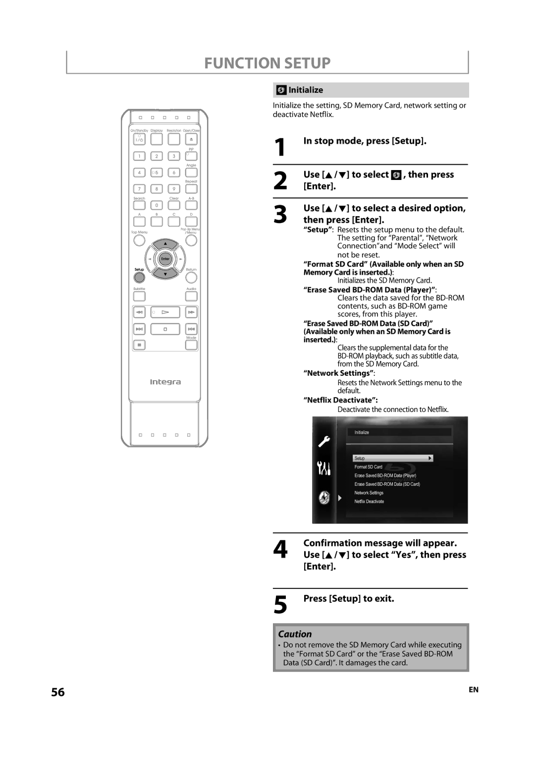 Integra 1VMN29753, DBS-30.2, E5SF1UD manual Confirmation message will appear, Initialize, Use K/ L to select a desired option 