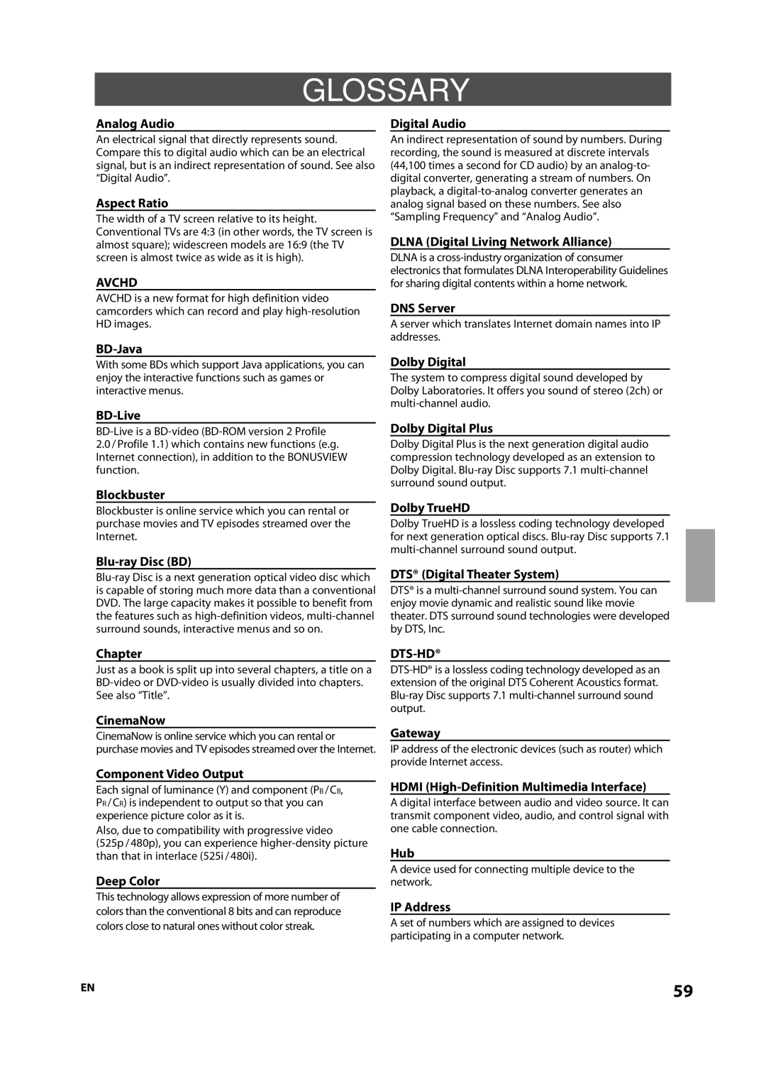 Integra 1VMN29753, DBS-30.2, E5SF1UD manual Glossary 