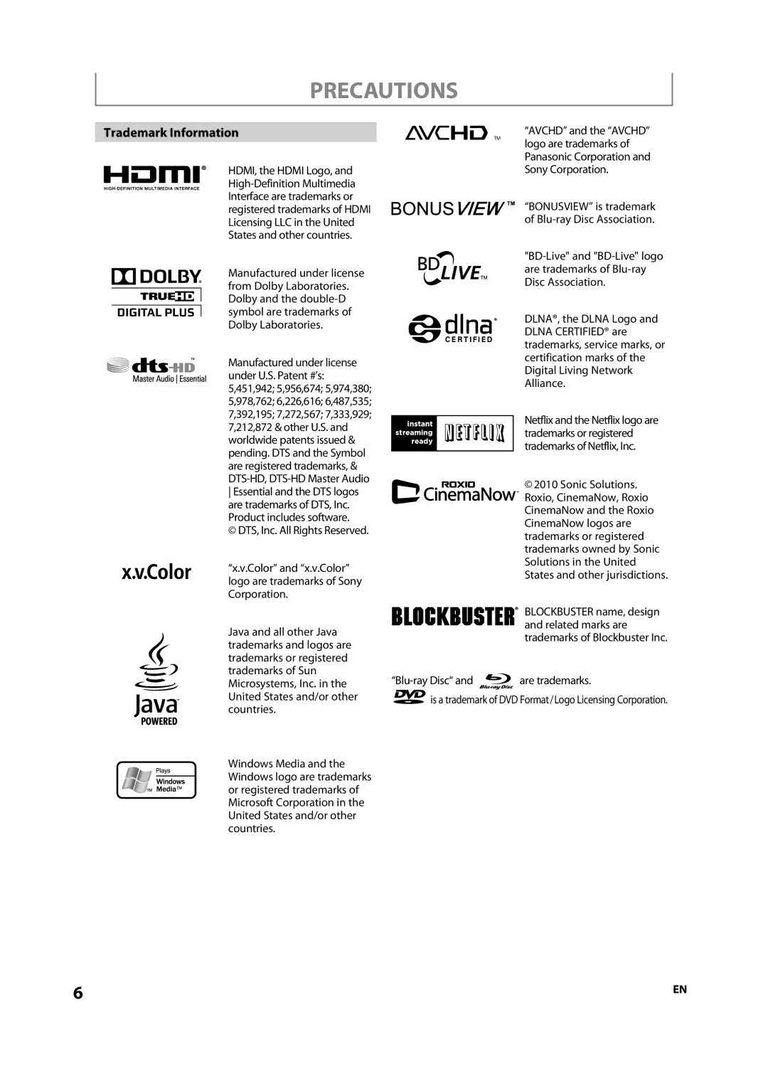 Integra DBS-30.2, E5SF1UD, 1VMN29753 manual Trademark Information, Blu-ray Disc 