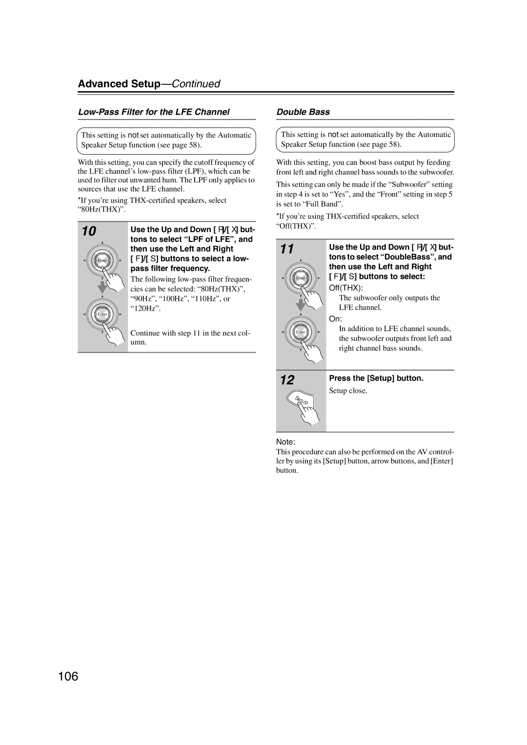 Integra DHC-9.9 instruction manual 106, Low-Pass Filter for the LFE Channel, Double Bass, Tons to select DoubleBass 