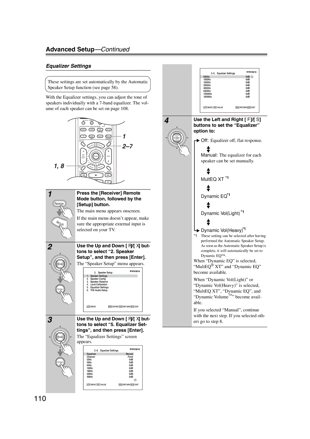 Integra DHC-9.9 110, Equalizer Settings, Buttons to set the Equalizer, Option to, Mode button, followed by Setup button 