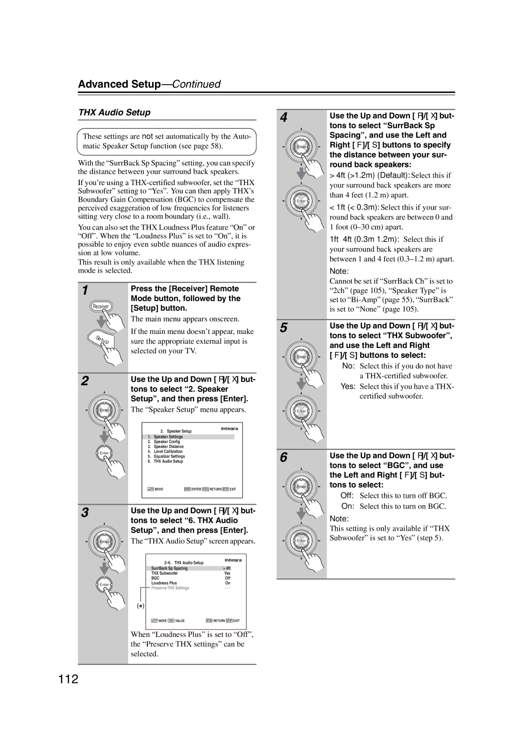 Integra DHC-9.9 instruction manual 112, THX Audio Setup, Tons to select THX Subwoofer 