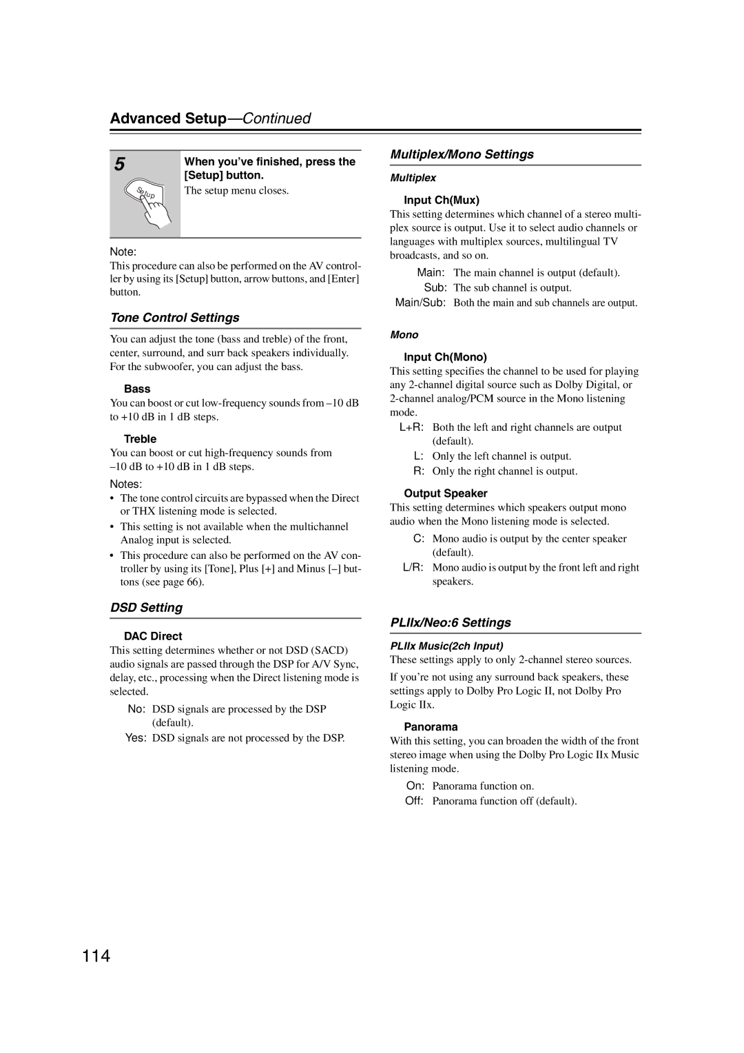 Integra DHC-9.9 instruction manual 114, Tone Control Settings, DSD Setting, Multiplex/Mono Settings, PLIIx/Neo6 Settings 