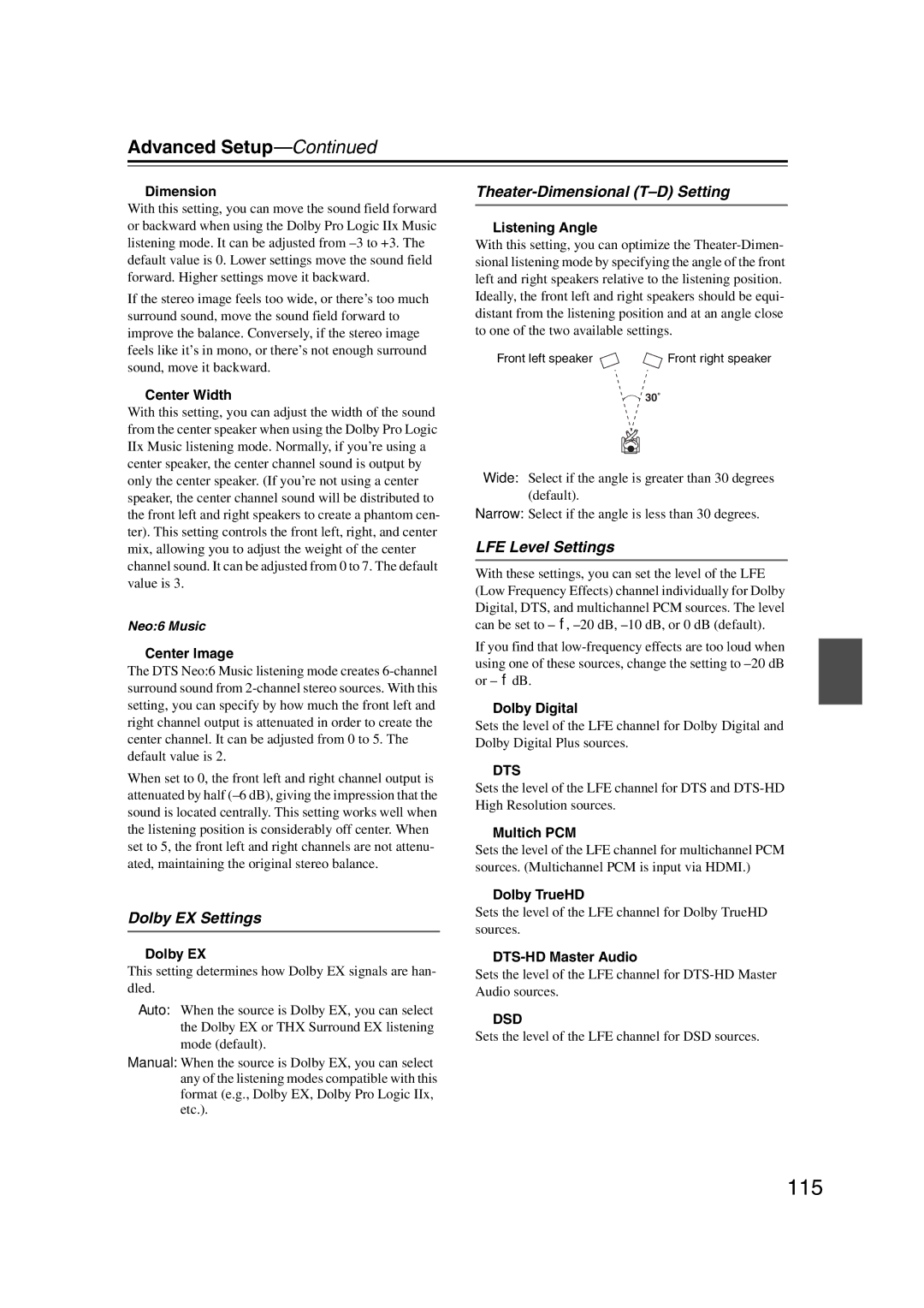 Integra DHC-9.9 instruction manual 115, Dolby EX Settings, Theater-Dimensional T-D Setting, LFE Level Settings 