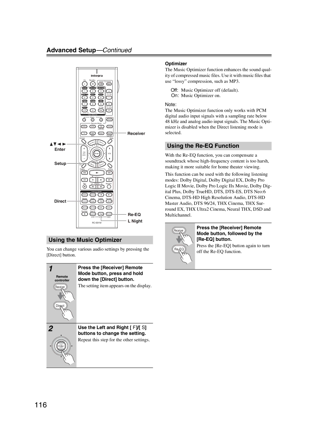 Integra DHC-9.9 instruction manual 116, Using the Re-EQ Function, Using the Music Optimizer 