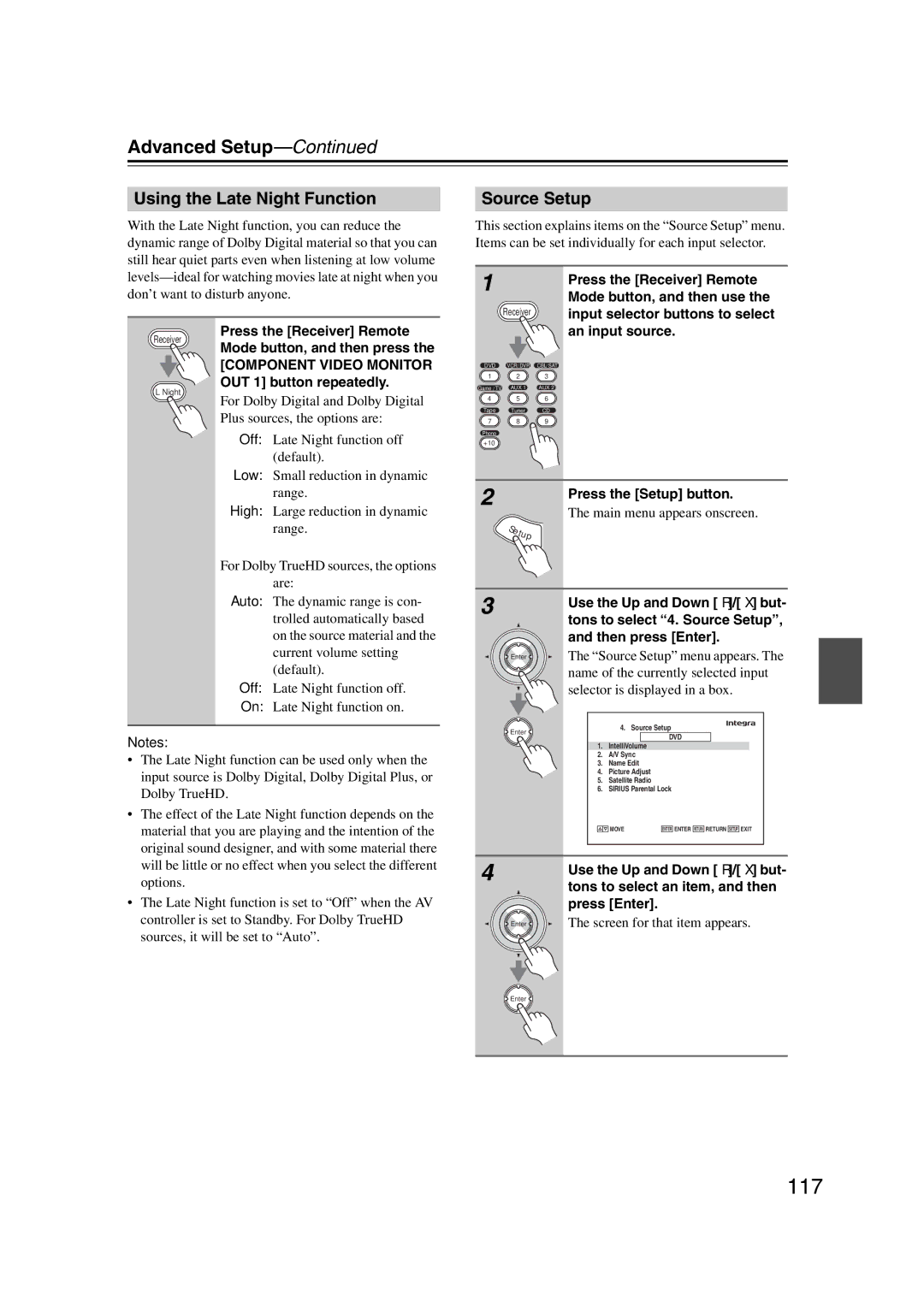 Integra DHC-9.9 instruction manual 117, Using the Late Night Function, Source Setup, Mode button, and then use 