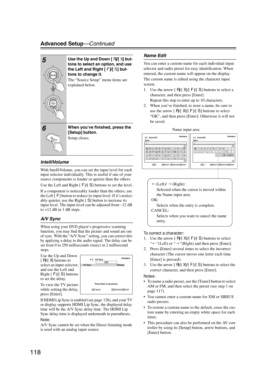 Integra DHC-9.9 instruction manual 118, Name Edit, IntelliVolume, Sync, To correct a character 