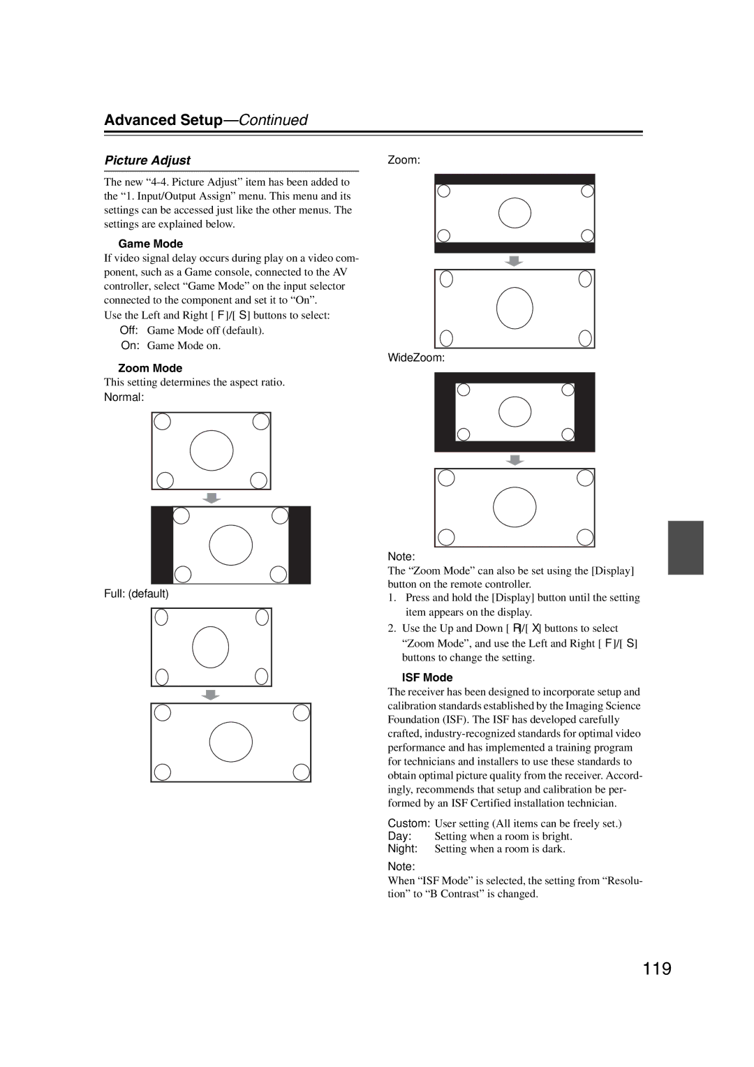 Integra DHC-9.9 instruction manual 119, Picture Adjust, Game Mode, Zoom Mode, ISF Mode 