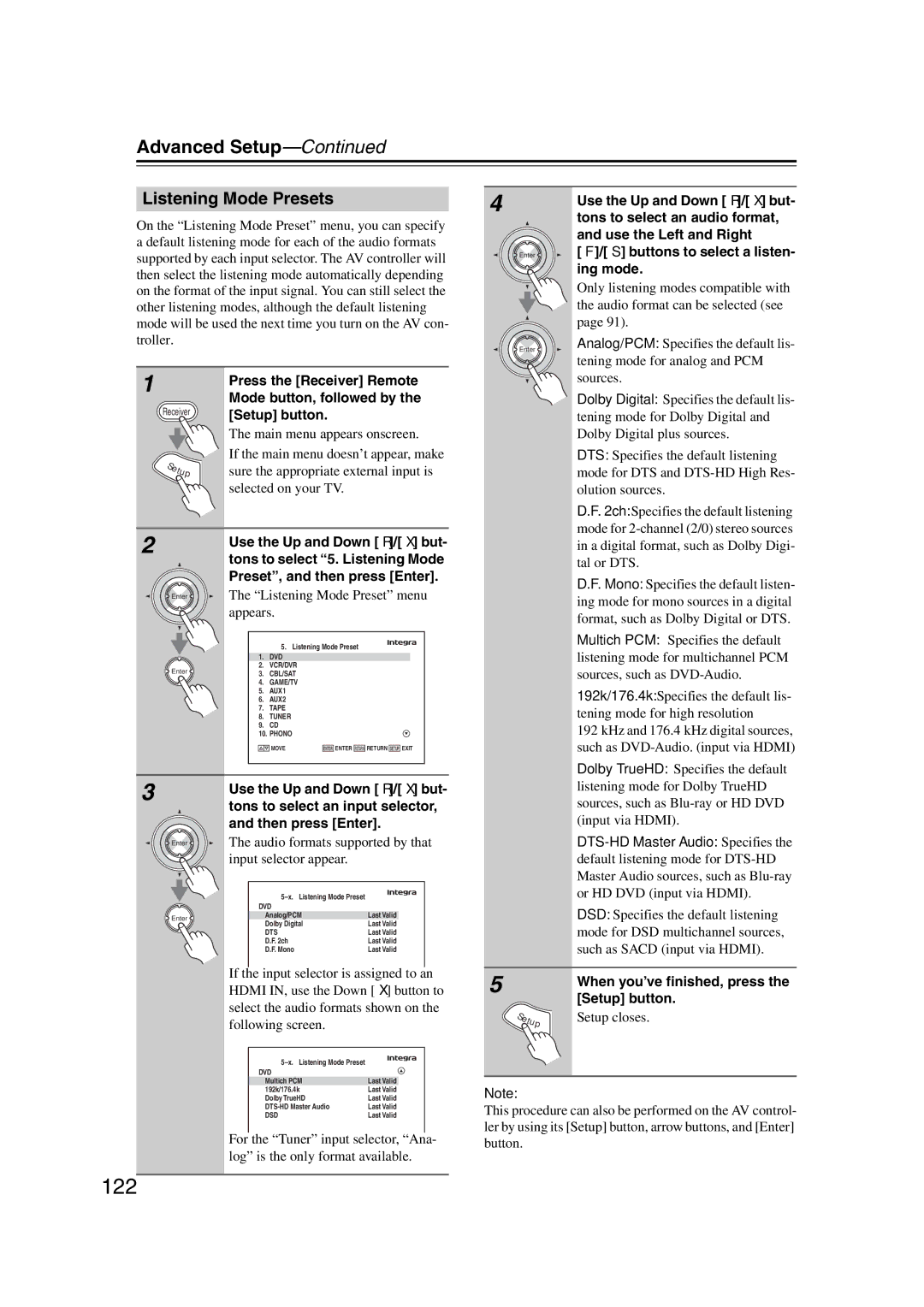 Integra DHC-9.9 instruction manual 122, Listening Mode Presets, Listening Mode Preset menu appears 