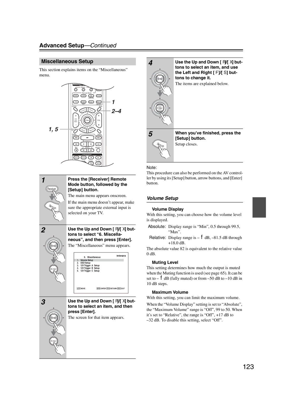 Integra DHC-9.9 instruction manual 123, Miscellaneous Setup, Volume Setup 