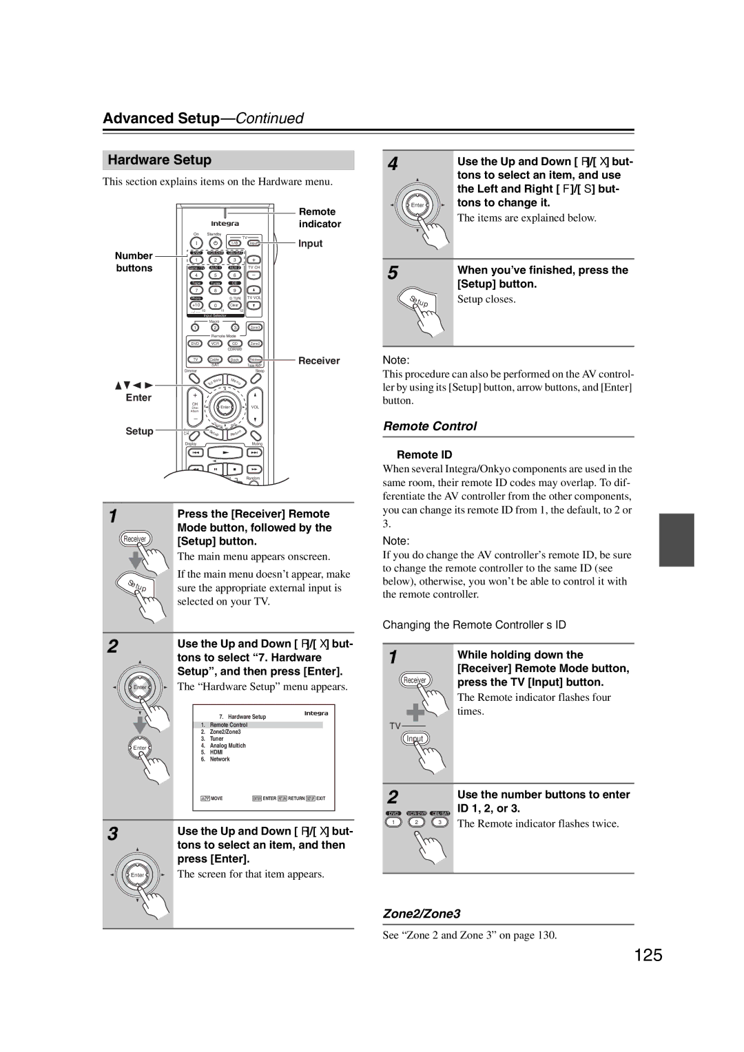 Integra DHC-9.9 instruction manual 125, Hardware Setup, Remote Control, Zone2/Zone3 