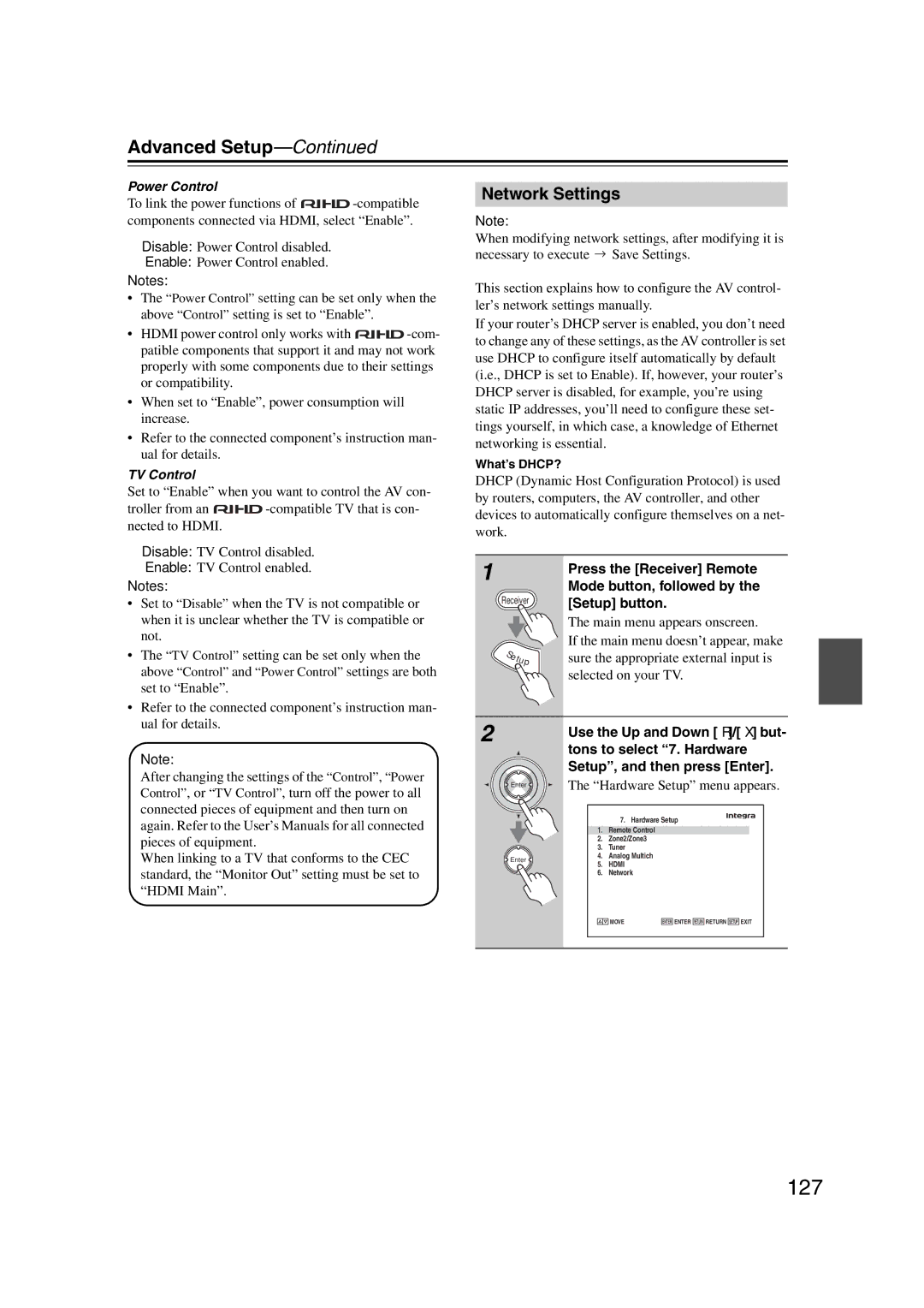 Integra DHC-9.9 instruction manual 127, Network Settings 