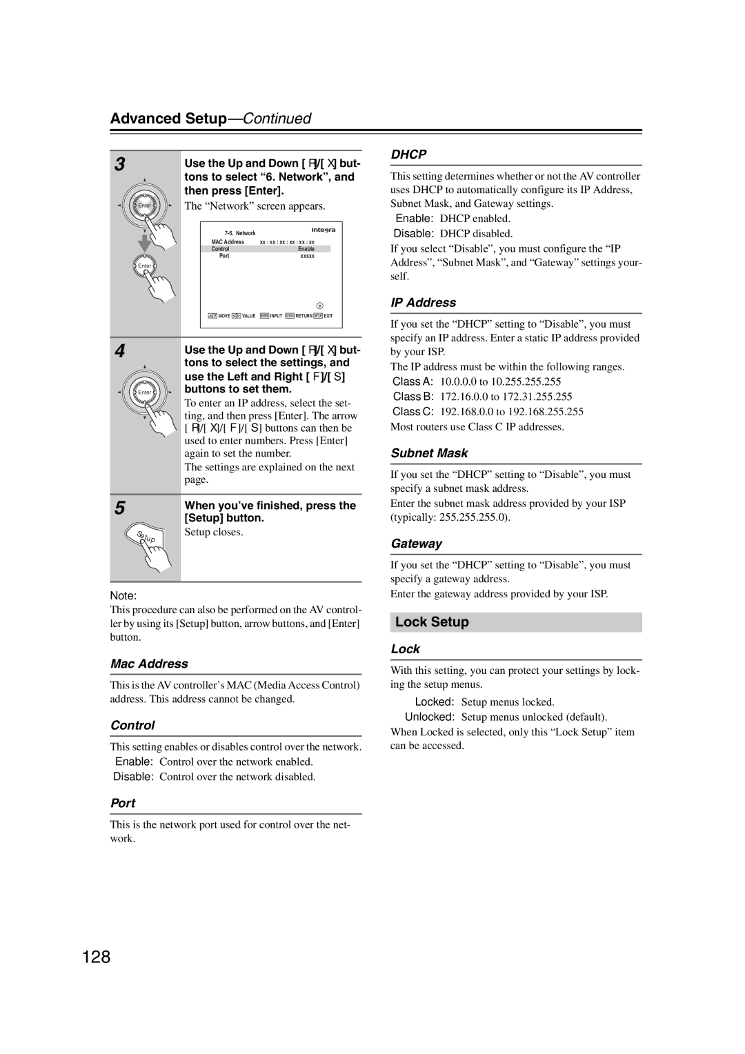 Integra DHC-9.9 instruction manual 128, Lock Setup 