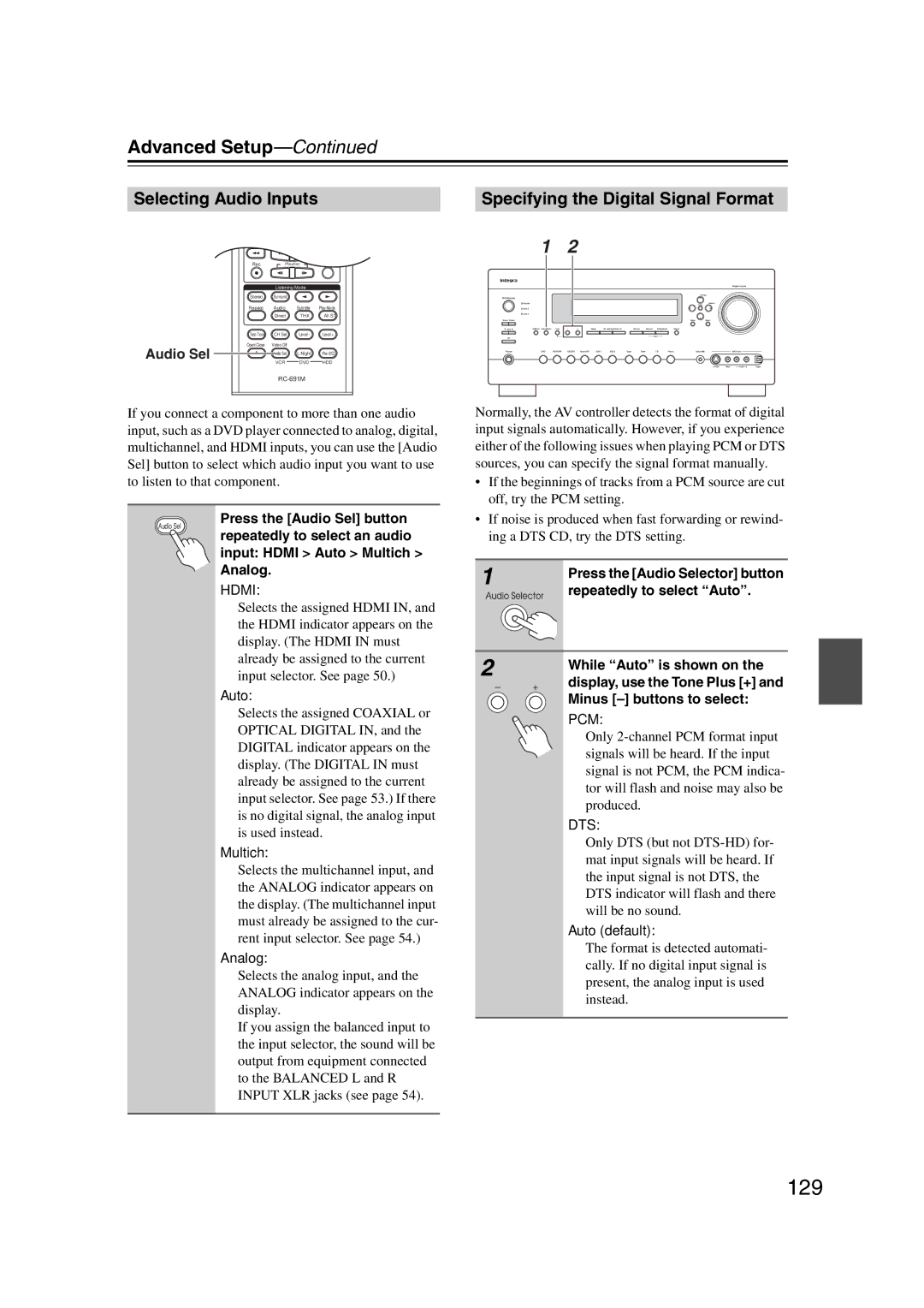 Integra DHC-9.9 instruction manual 129, Selecting Audio Inputs, Specifying the Digital Signal Format 