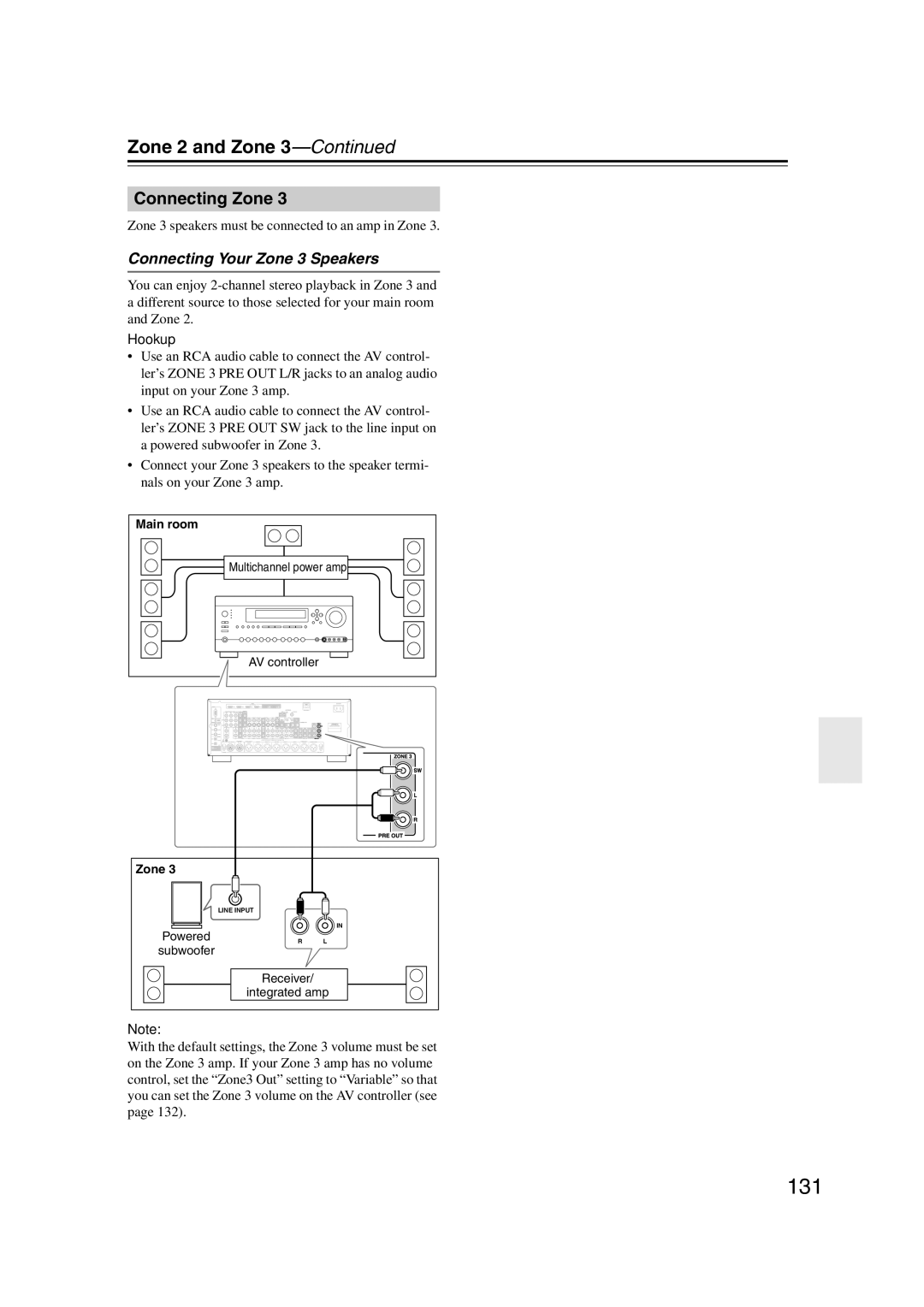 Integra DHC-9.9 131, Zone 2 and Zone, Connecting Your Zone 3 Speakers, Zone 3 speakers must be connected to an amp in Zone 