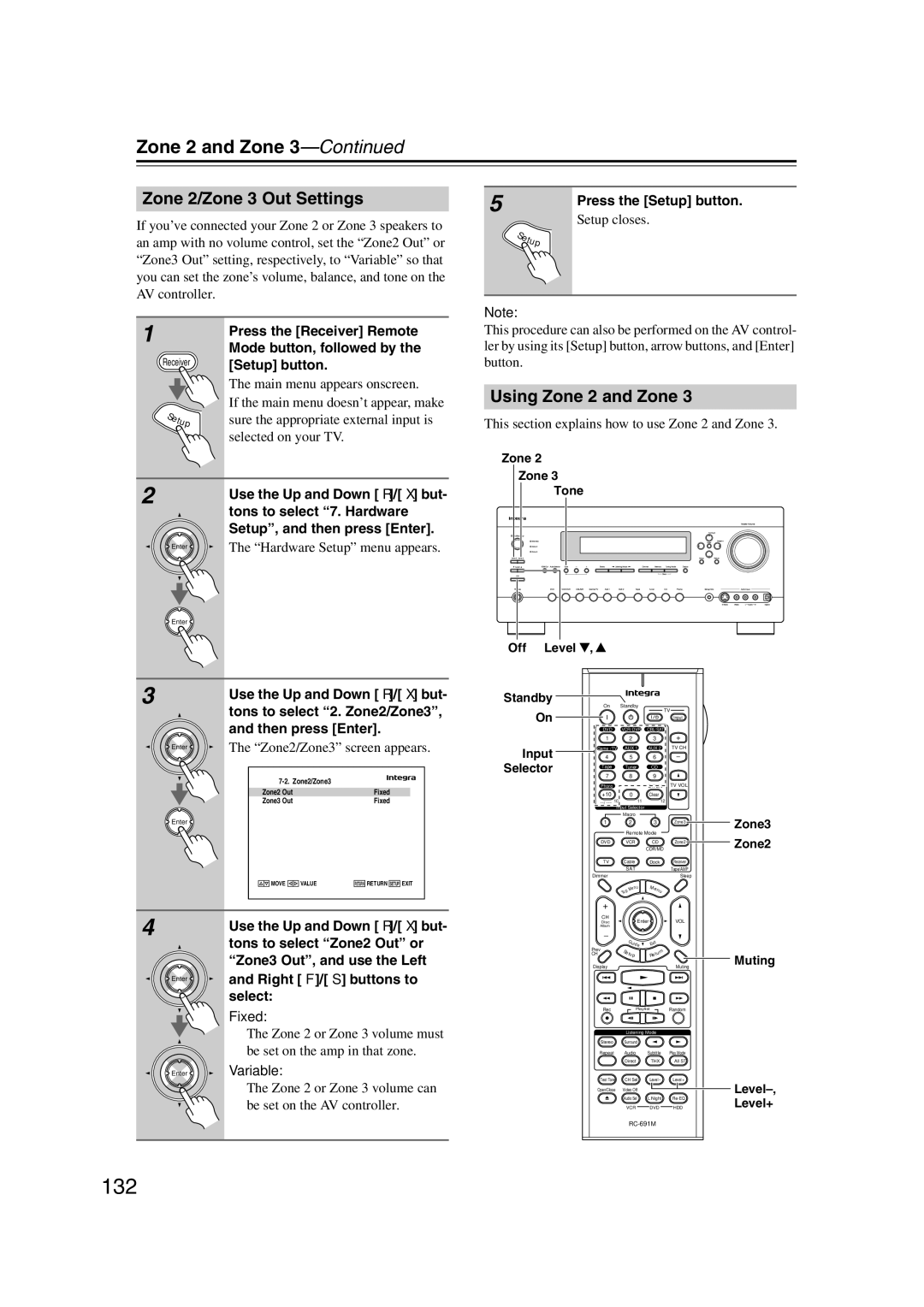 Integra DHC-9.9 instruction manual 132, Zone 2/Zone 3 Out Settings, Using Zone 2 and Zone, Tons to select 2. Zone2/Zone3 